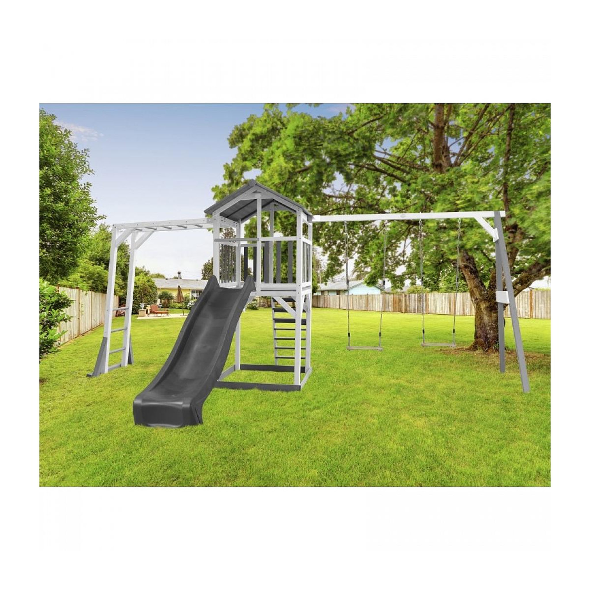 Voir la diapositive 2 : Axi House AXI Structure de jeu Beach Tower Blanc Gris avec cadre d'escalade et 2 balancoires et toboggan Gris