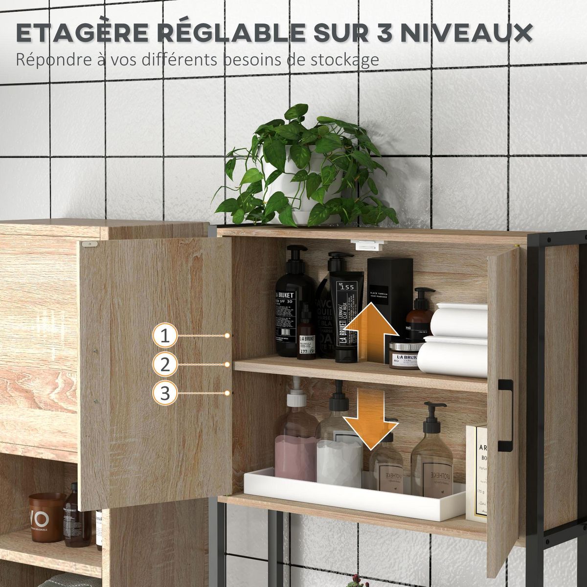 KLEANKIN Meuble WC meuble dessus toilettes style industriel 2 portes 2 étagères acier noir aspect chêne clair