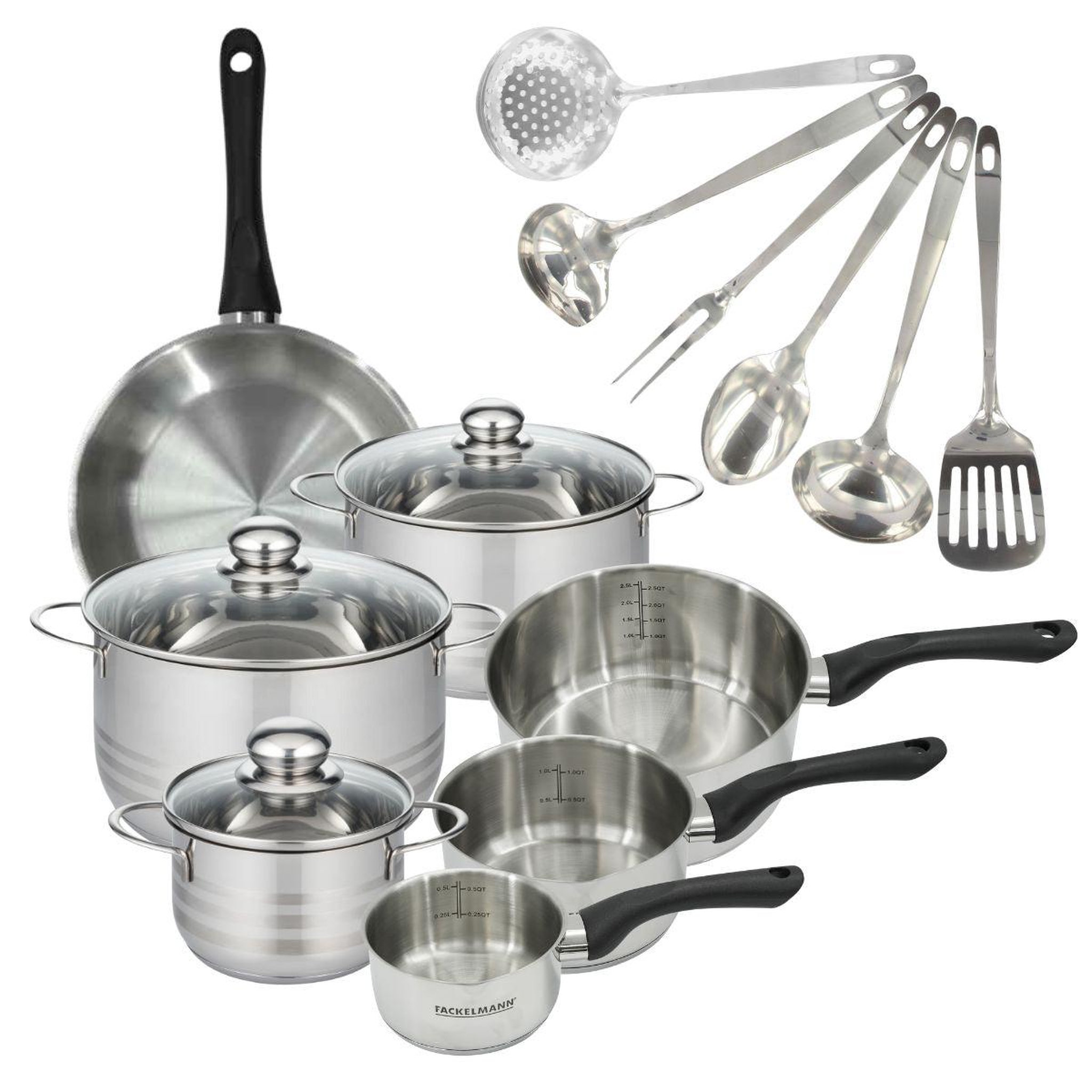 Fackelmann Batterie de cuisine 1 poêle 24 cm, 3 casseroles 12/16/20 cm, 3 faitouts 16/20/24 cm, 6 ustensiles fackelmann geneva