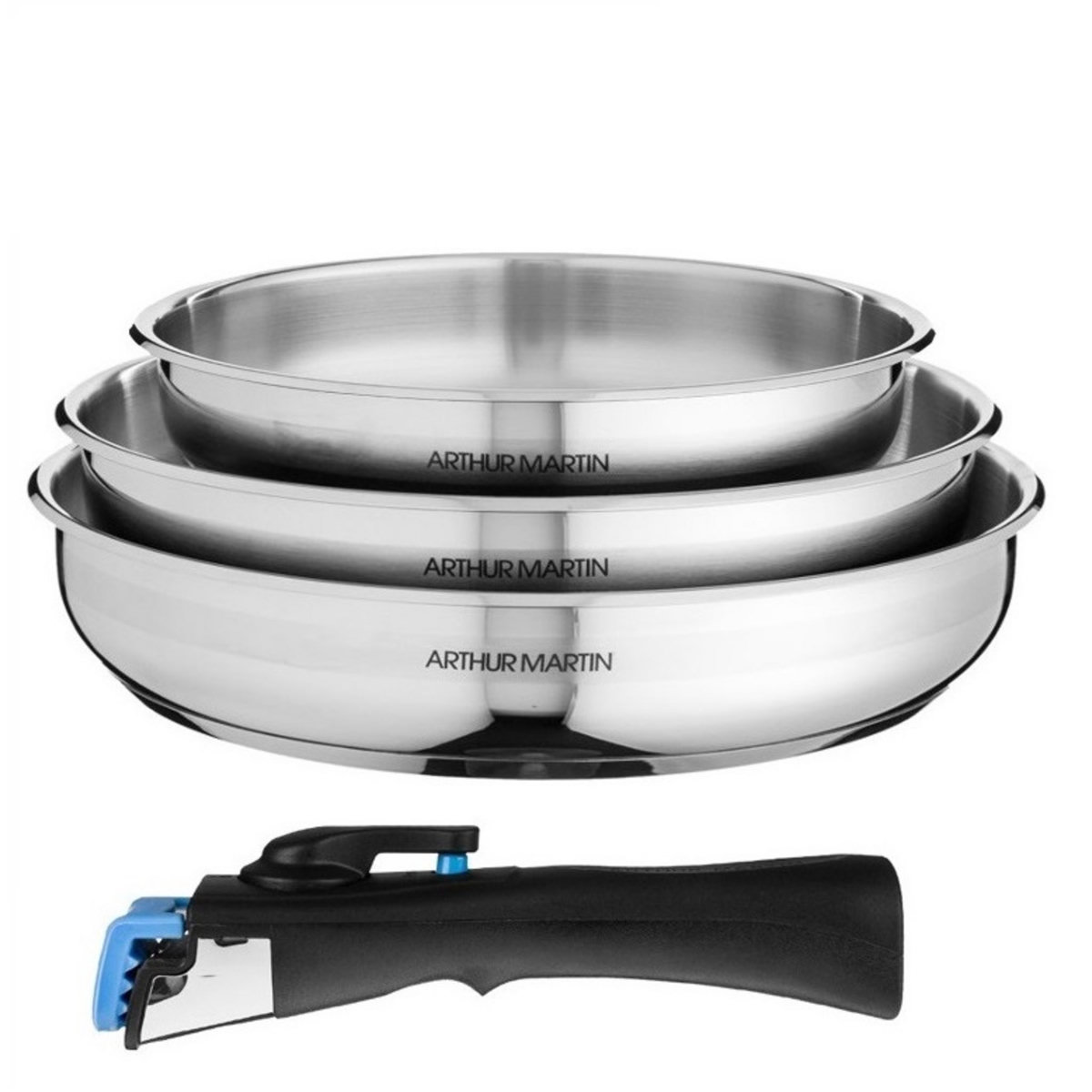 Arthur Martin Lot de 3 poêles 20/24/26cm en inox + 1 poignée