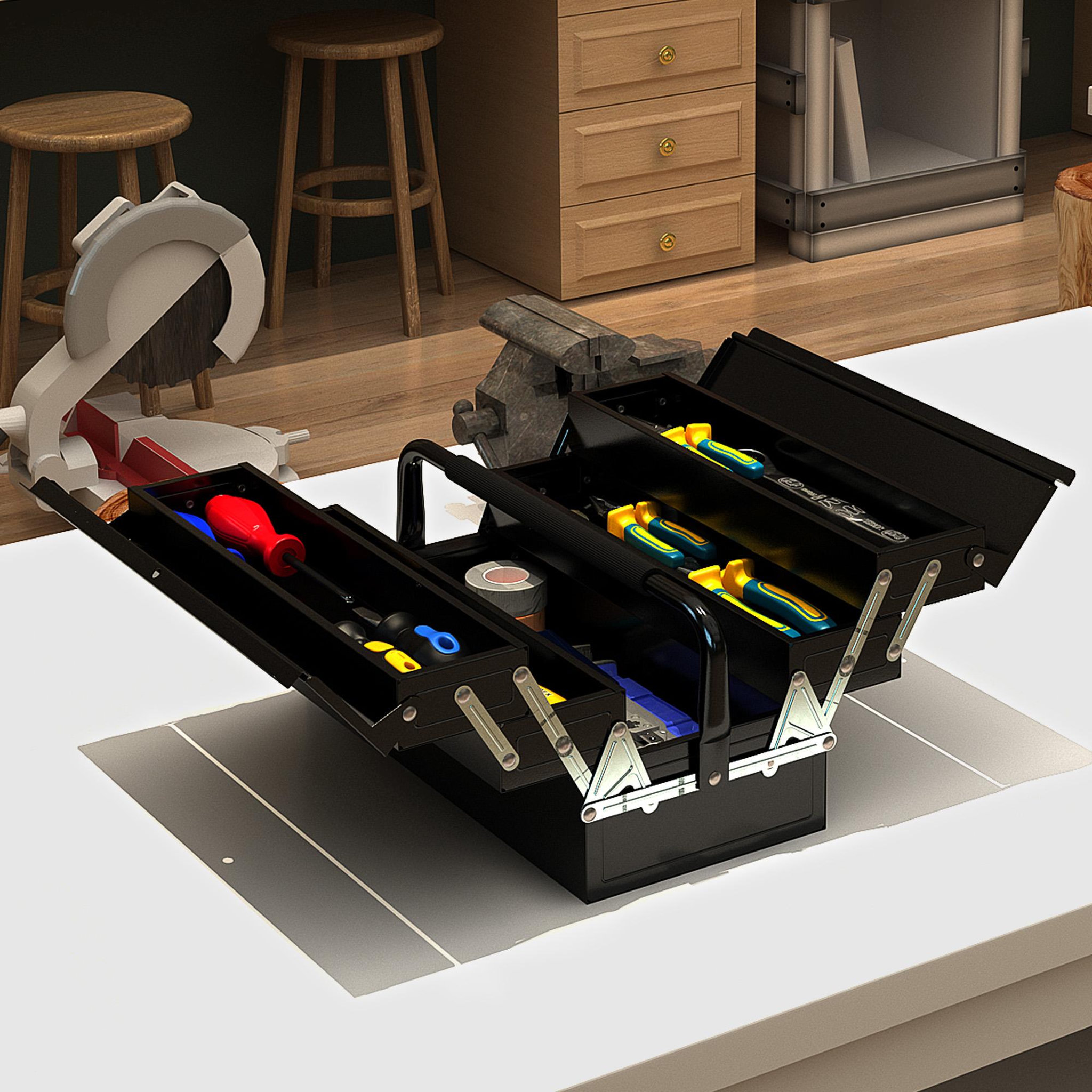 Voir la diapositive 4 : HOMCOM Boite à outils métallique - coffret à outils - caisse à outils 3 niveaux 5 plateaux rétractables - tôle acier noir