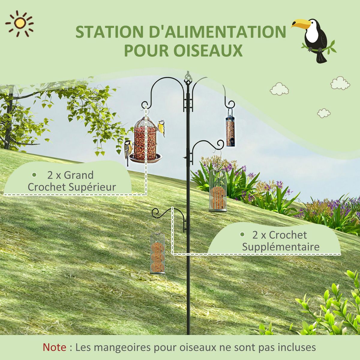 PAWHUT Mangeoire à oiseaux H.2,08 m style rustique chic 4 crochets 2 réglables 4 piquets d'ancrage au sol acier époxy aspect fer forgé