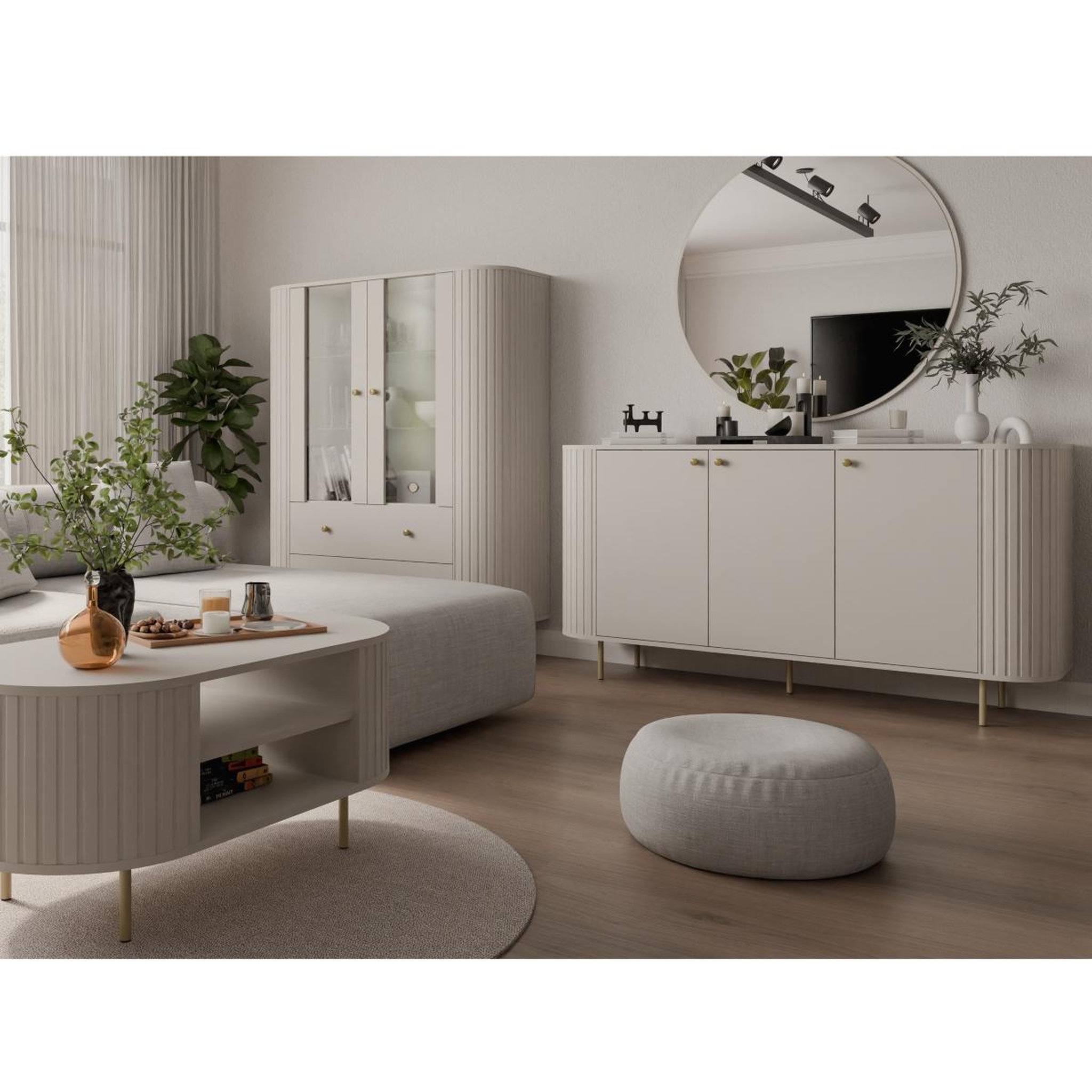Voir la diapositive 5 : JLC KREATION Buffet bas design beige bord arrondi 3 portes165cm lilio
