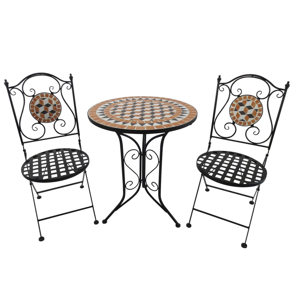 OUTSUNNY Salon de jardin 2 pers. 3 pièces ensemble bistro style fer forgé  mosaïque 2 chaises + table ronde pliables métal époxy anticorrosion noir pas  cher 