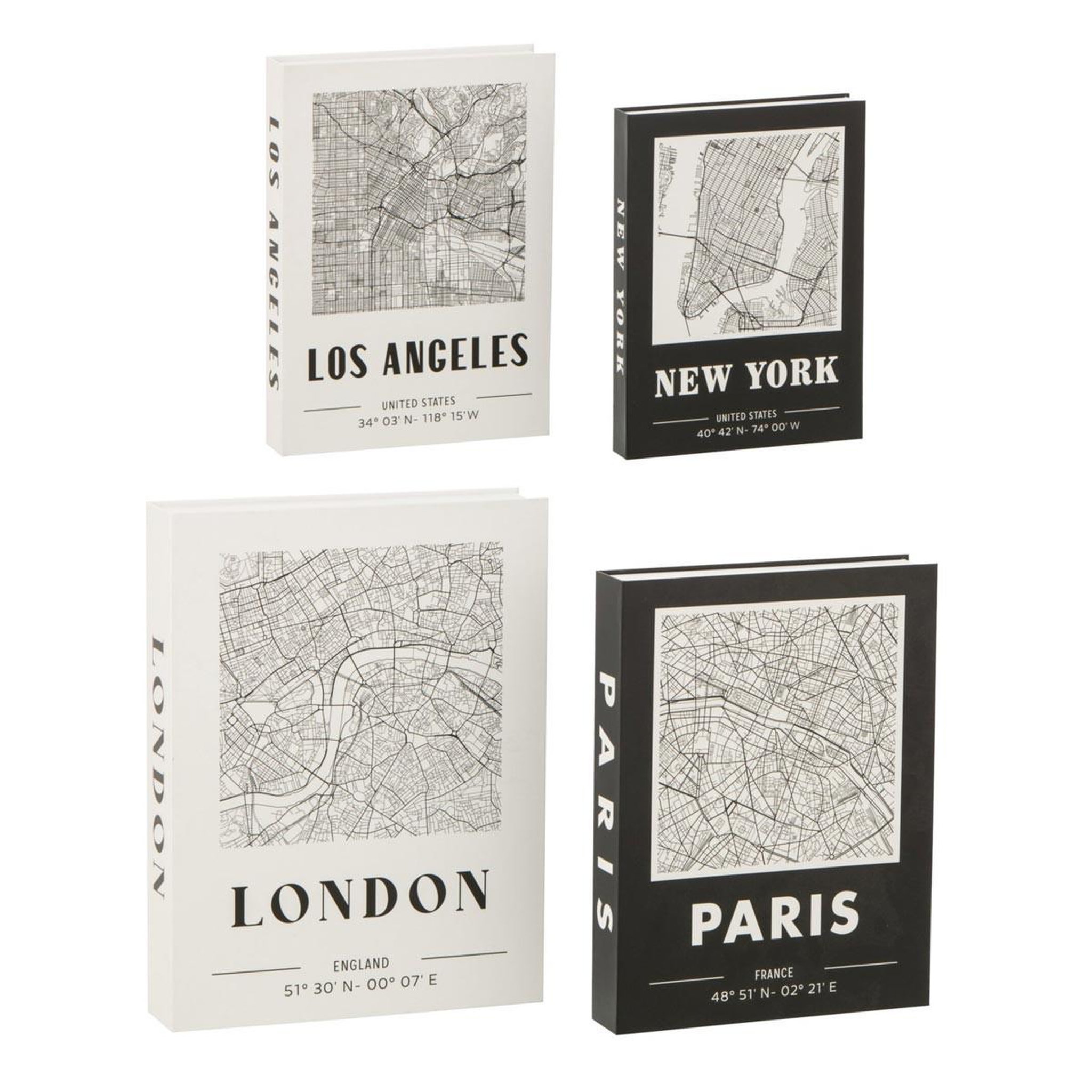 J-LINE Lot de 4 boîtes livres  city map  33cm blanc & noir