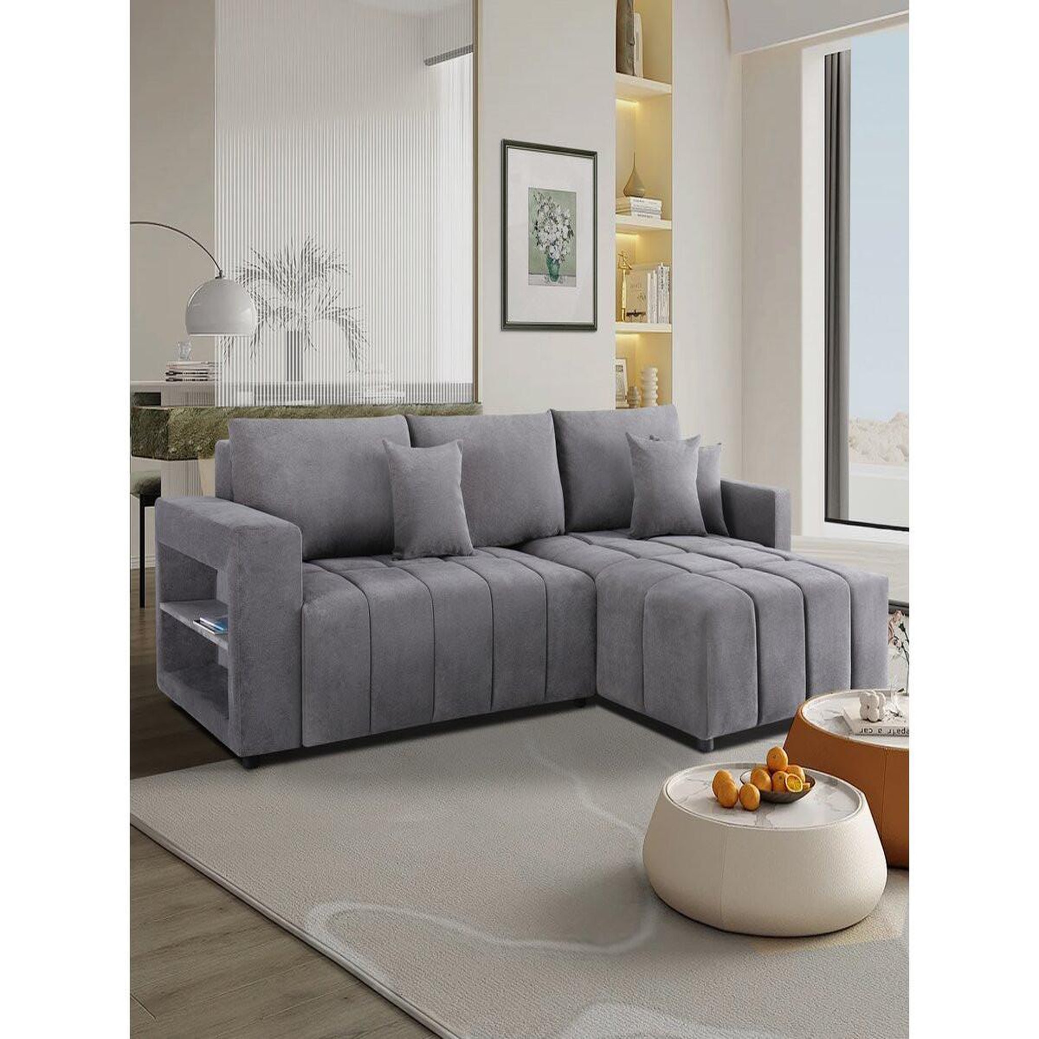 Voir la diapositive 2 : Habitat et Jardin Canapé d'angle convertible tissu chenille 3 places -  trocadero  - gris