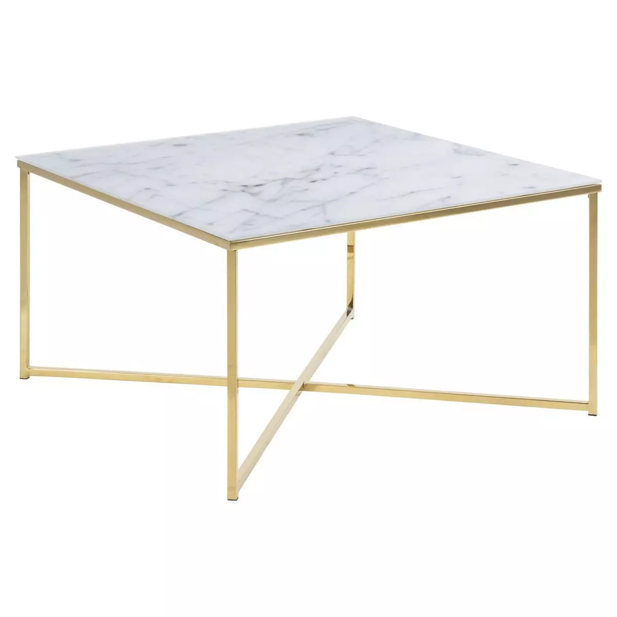 TOILINUX Table d'appoint effet marbre en verre et métal - L.80cm - Doré et blanc