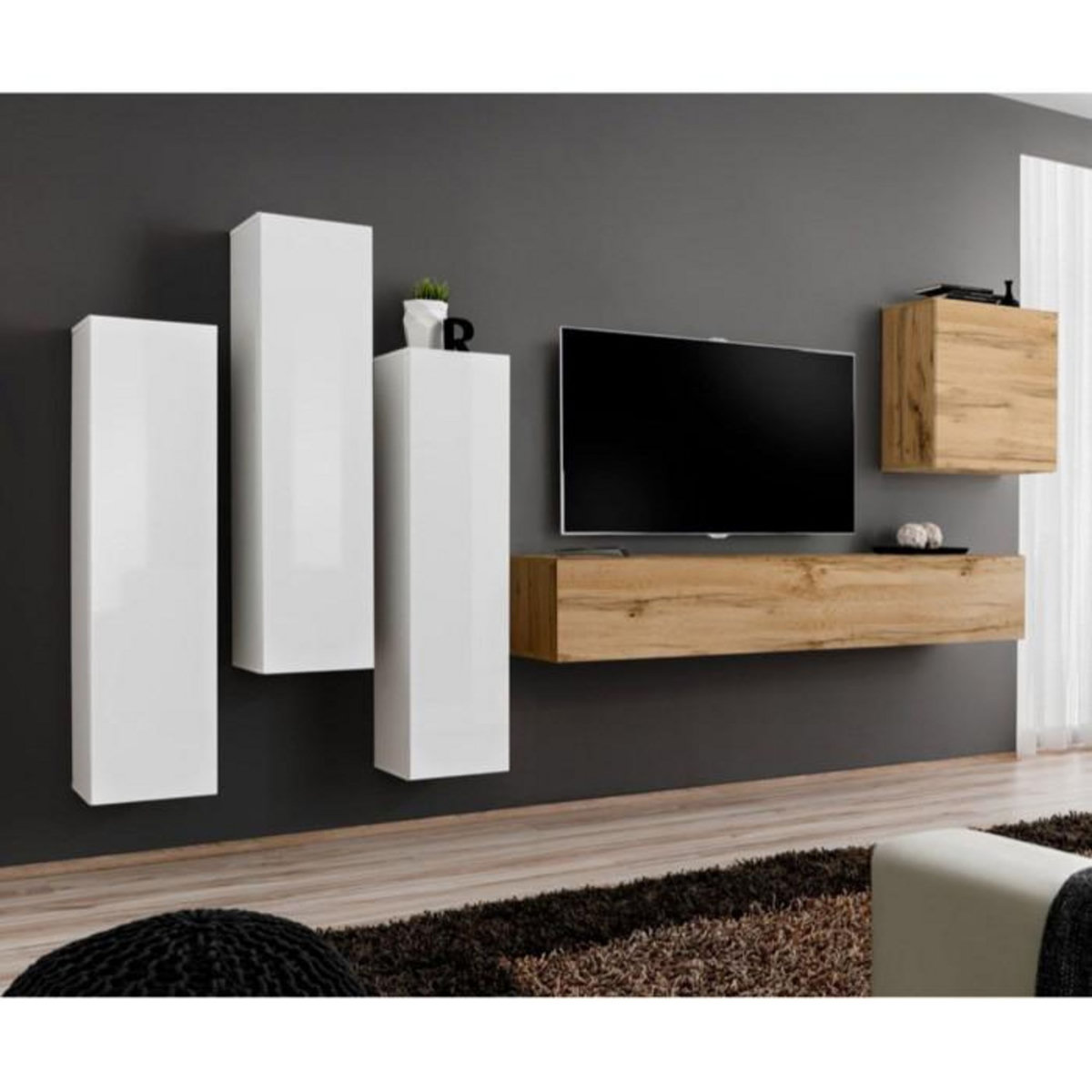 Paris Prix Meuble TV Mural Design  Switch III  330cm Blanc & Naturel