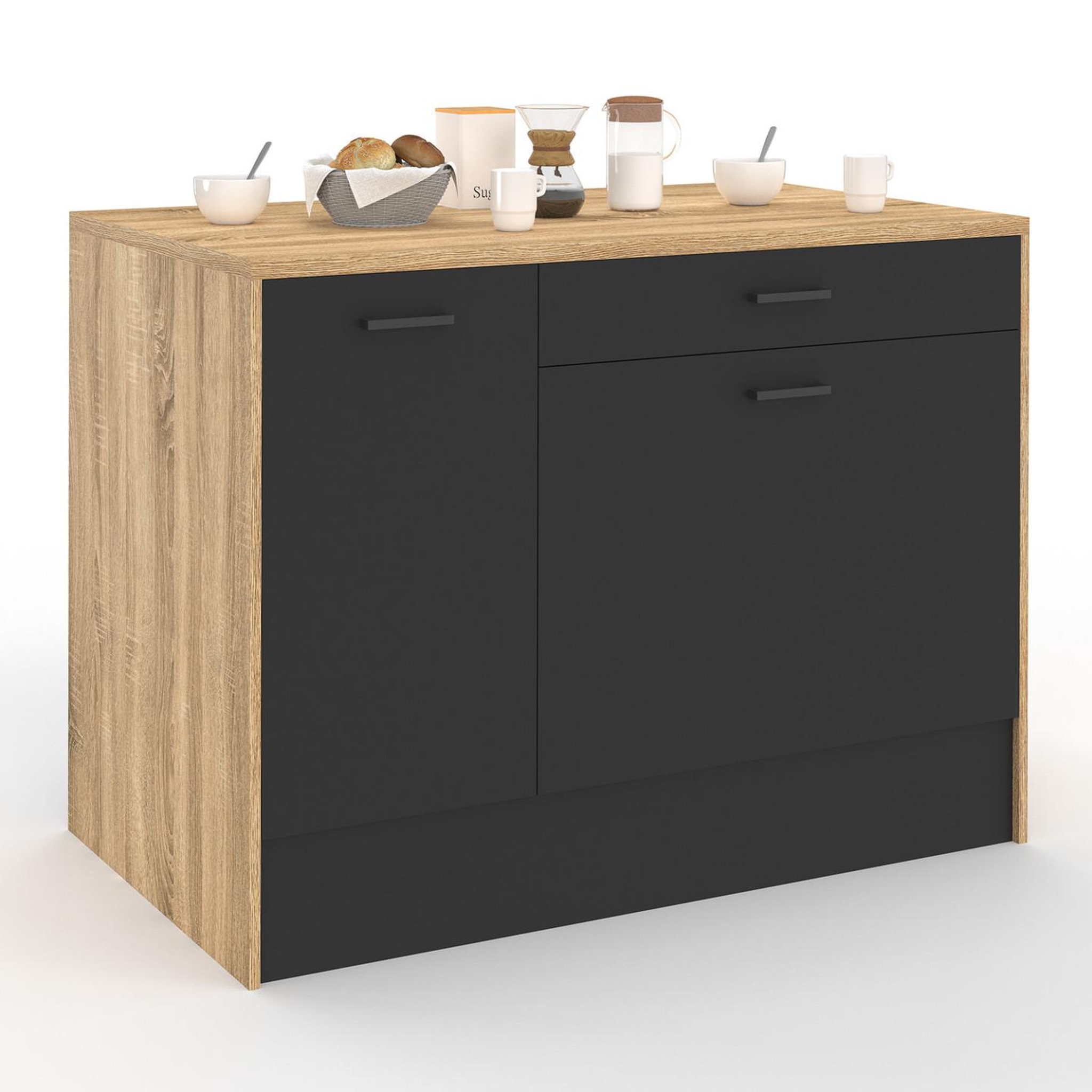 Voir la diapositive 4 : ID MARKET Ilot central lio 120 cm maxi capacité de rangement bois et noir