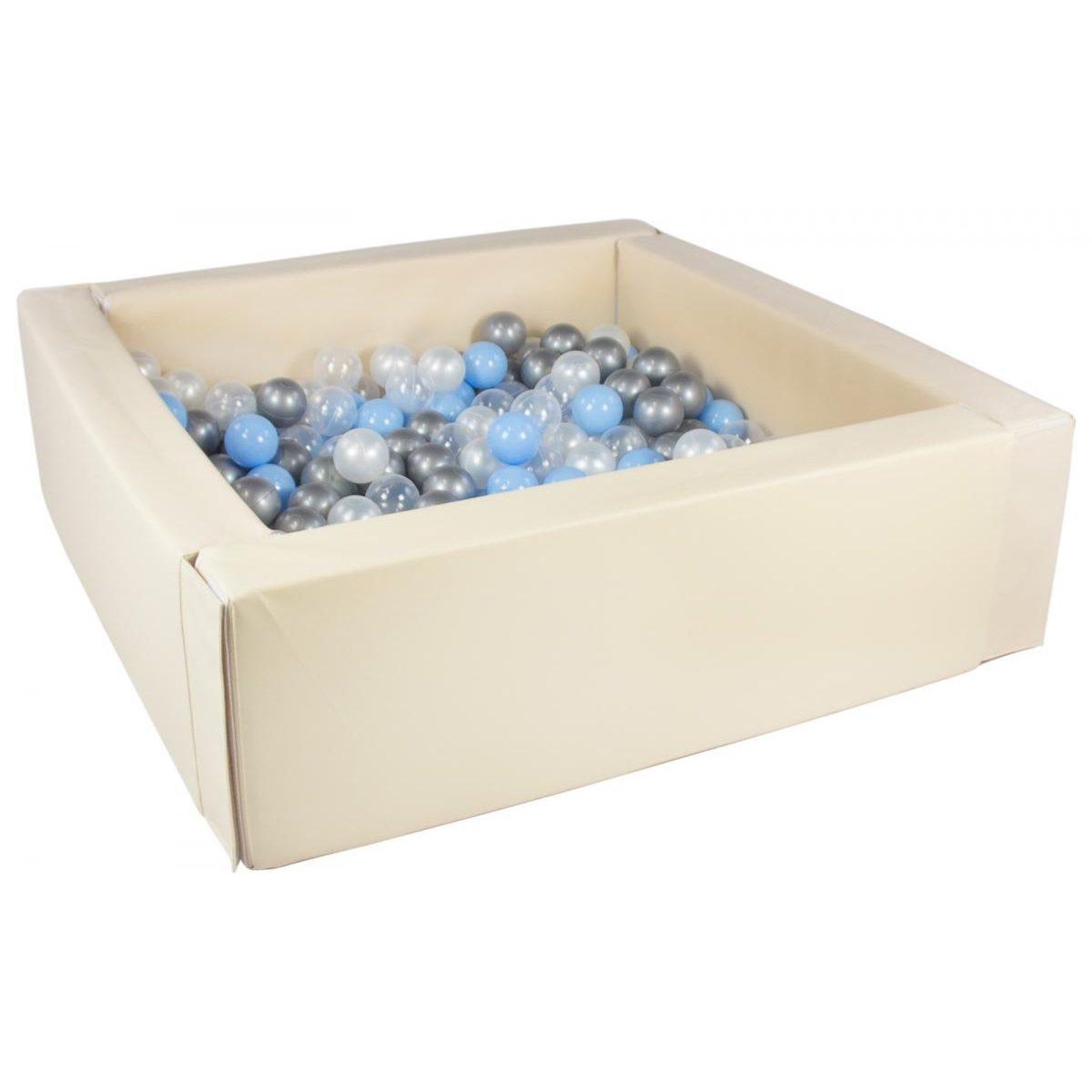 VELINDA Piscine à balles carrée avec 300 balles - cappuccino/perle, transparent, bleu clair, argent