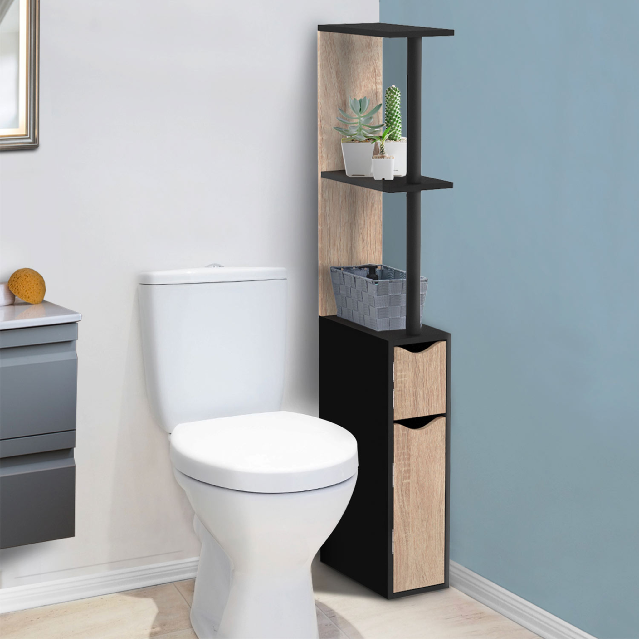 Voir la diapositive 2 : ID MARKET Meuble wc étagère willy bois 2 portes noir et hêtre