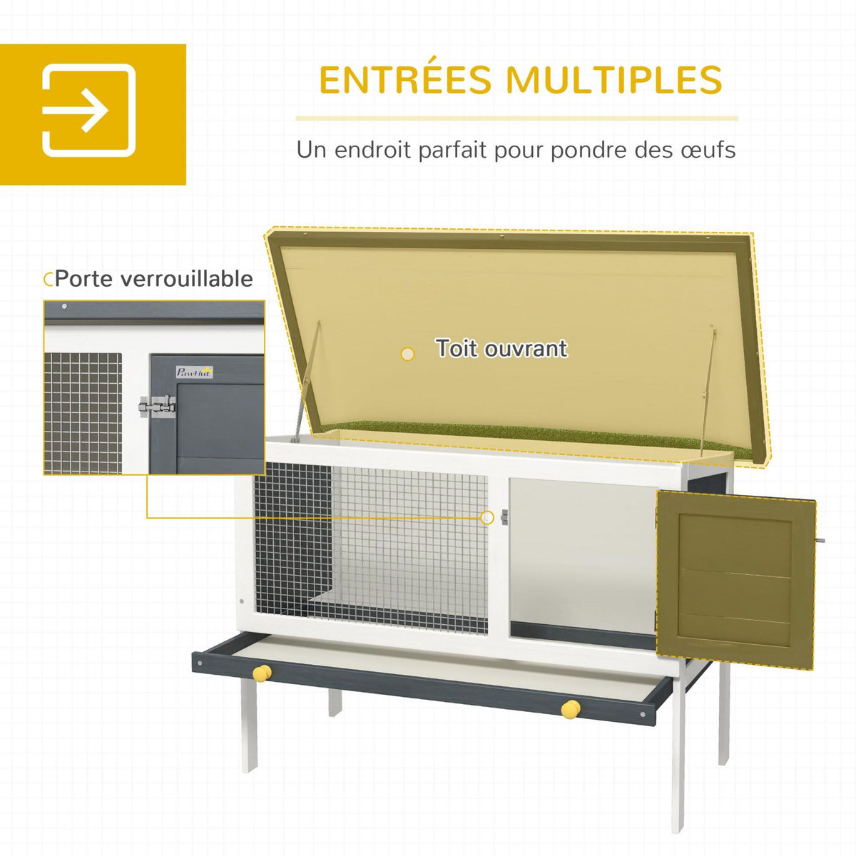 PAWHUT Clapier sur pied cage à lapin avec niche intérieure toit ouvrant porte verrouillable dim. 90L x 45l x 65H cm noir blanc vert