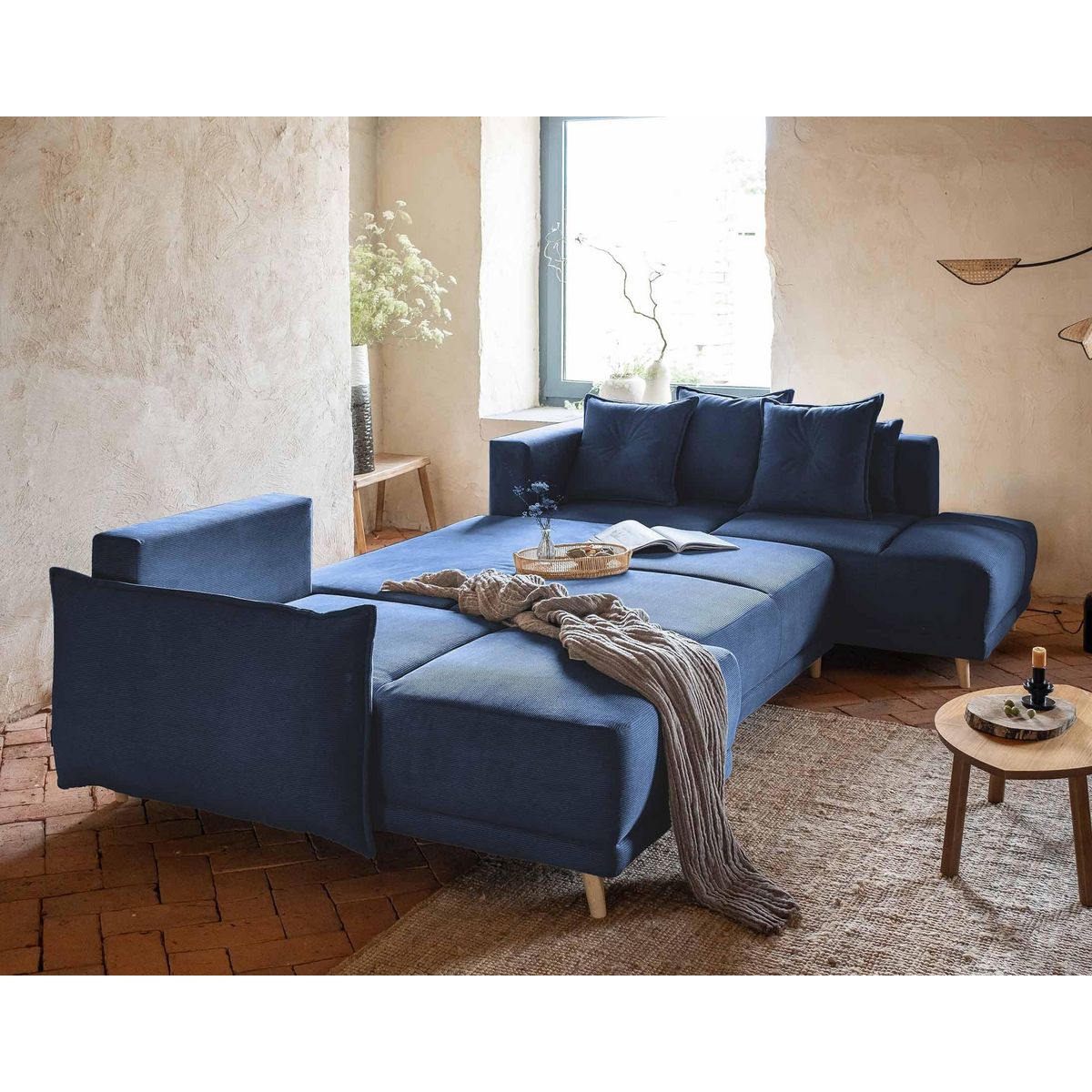 BEST MOBILIER Lena - canapé panoramique d'angle droit 7 places - convertible avec coffre - en velours côtelé