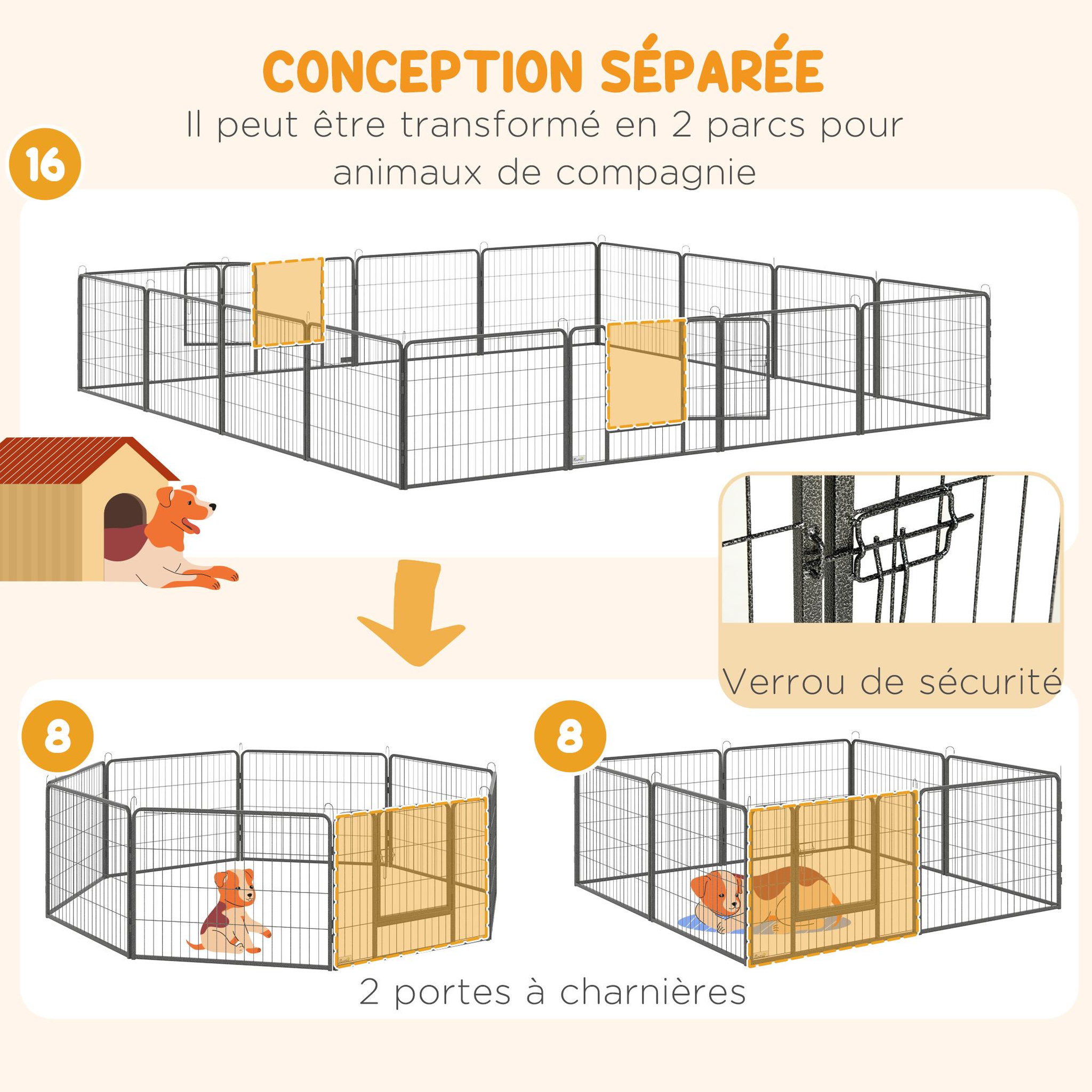 Voir la diapositive 6 : PAWHUT Parc enclos chien modulable pliable 16 panneaux H.60cm 2 portes verrouillables acier époxy gris moucheté