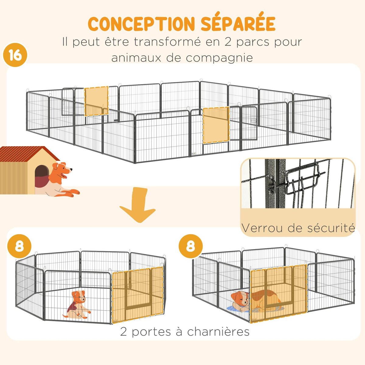 PAWHUT Parc enclos chien modulable pliable 16 panneaux H.60cm 2 portes verrouillables acier époxy gris moucheté