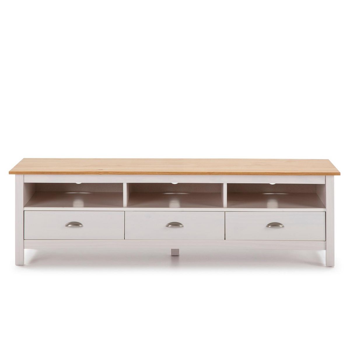 VS VENTA-STOCK Meuble TV Bora Bora 3 tiroirs, Fabriqué en Bois de pin Massif, Blanc, 158 cm