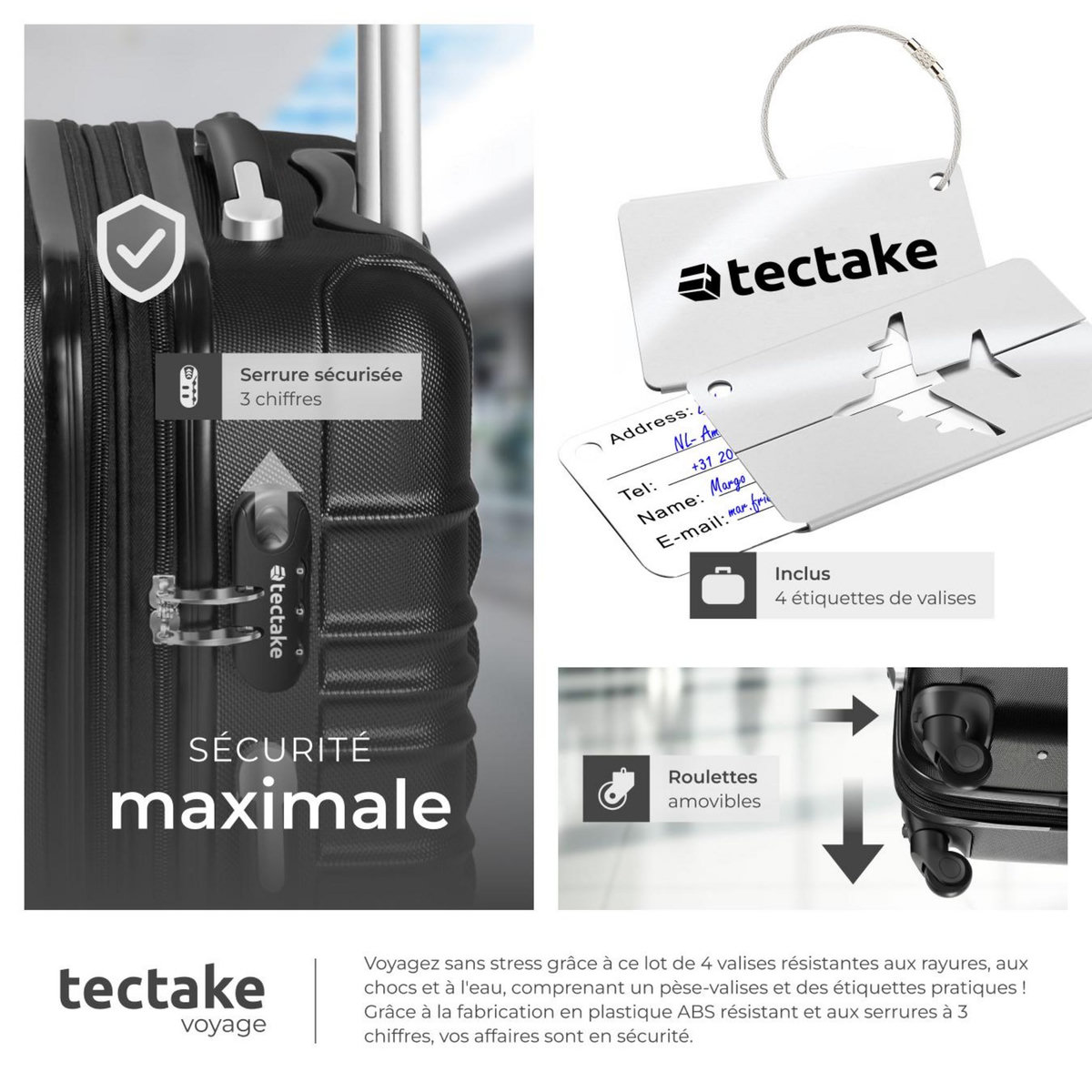 tectake Set de valises rigides 4 pièces en plastique ABS robuste, pèse-bagages et une étiquette de valise incluses noir