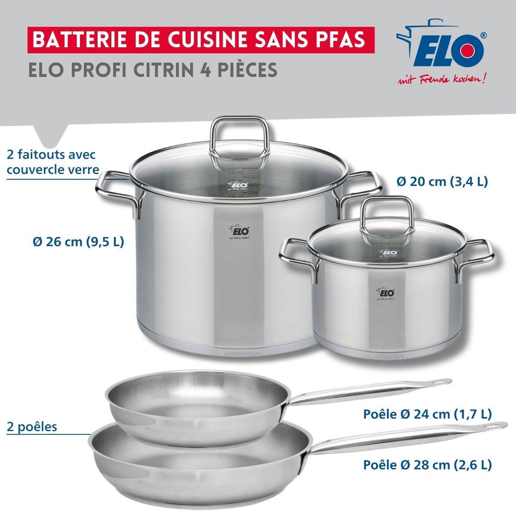 Voir la diapositive 2 : ELO Set de 2 poêles de cuisson 24 et 28 cm et 2 faitouts 20 et 26 cm elo profi citrin