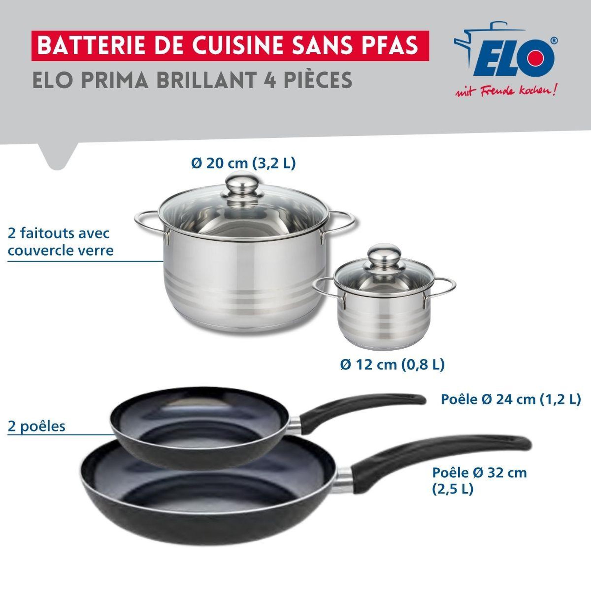 Voir la diapositive 2 : ELO Ensemble de 2 poêles de cuisson 24 et 32 cm et 2 faitouts 12 et 20 cm elo prima brillant