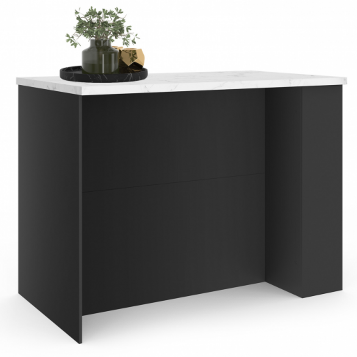 ID MARKET Ilot central TIBO 120 cm bois noir avec plan de travail effet marbre ALASKA