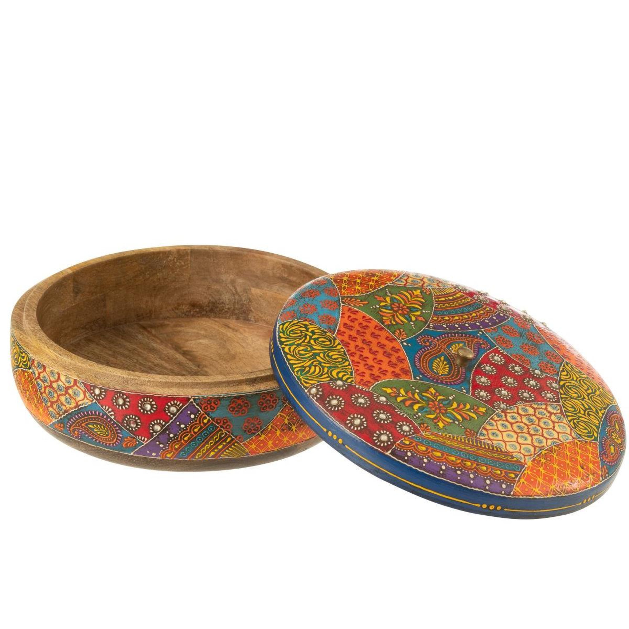 Voir la diapositive 2 : J-LINE Boîte déco ronde en bois  delhi  26cm multicolore