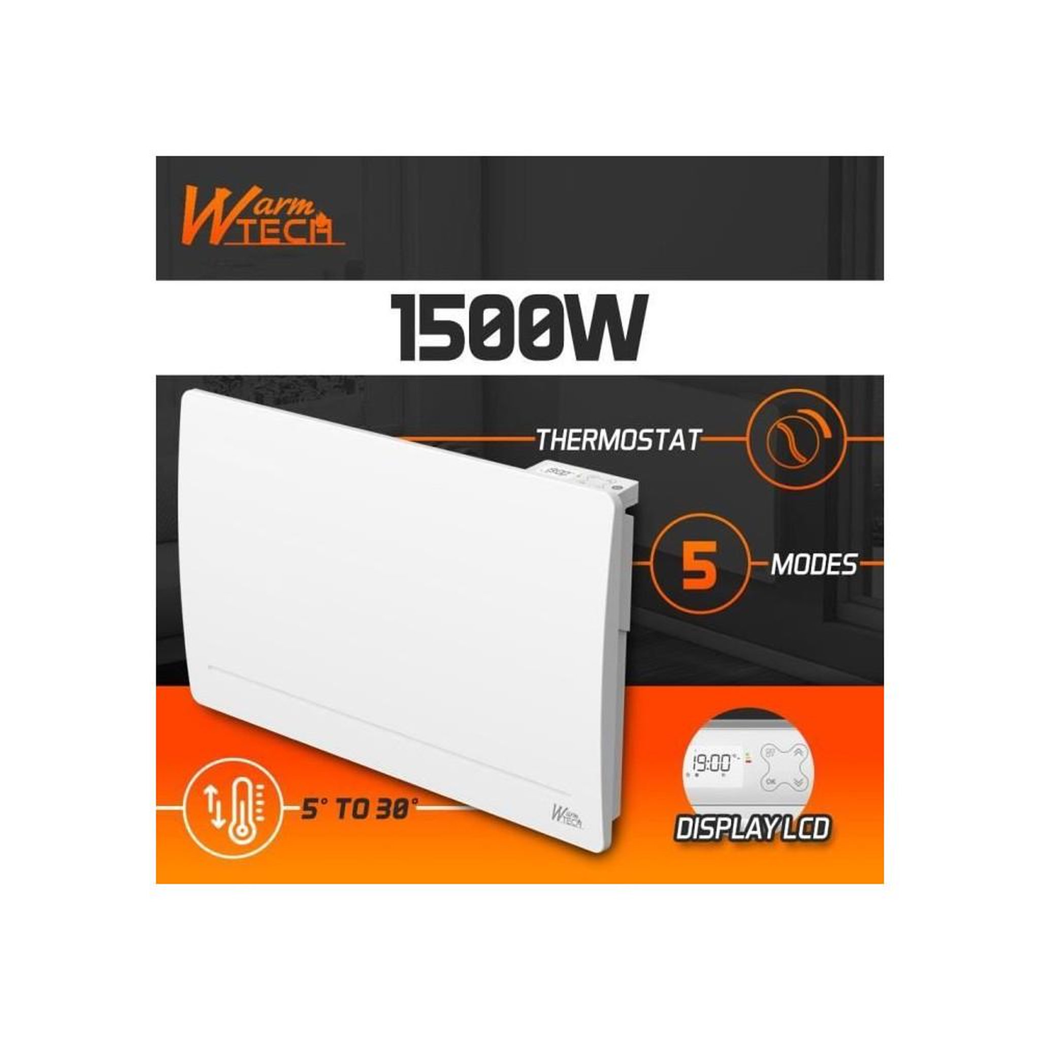 Voir la diapositive 2 : Warmtech Radiateur à inertie fonte 1500 W IP24 fil pilote 6 ordres thermostat LCD 5-30°C blanc