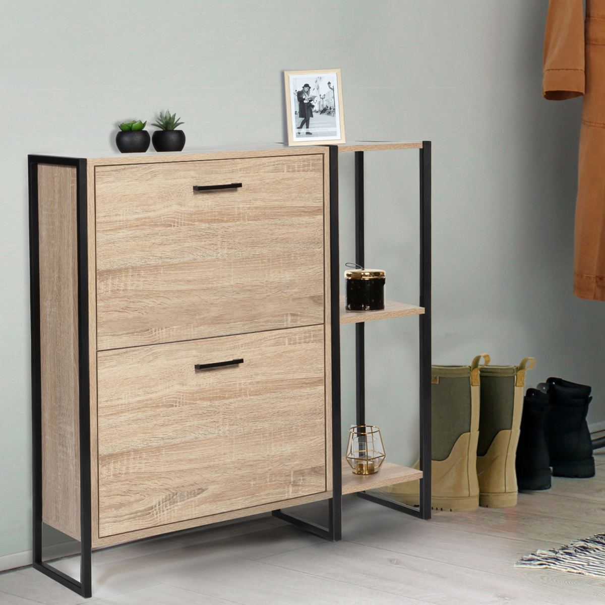 ID MARKET Meuble à chaussures 12 paires LUIS 2 portes avec étagère design industriel