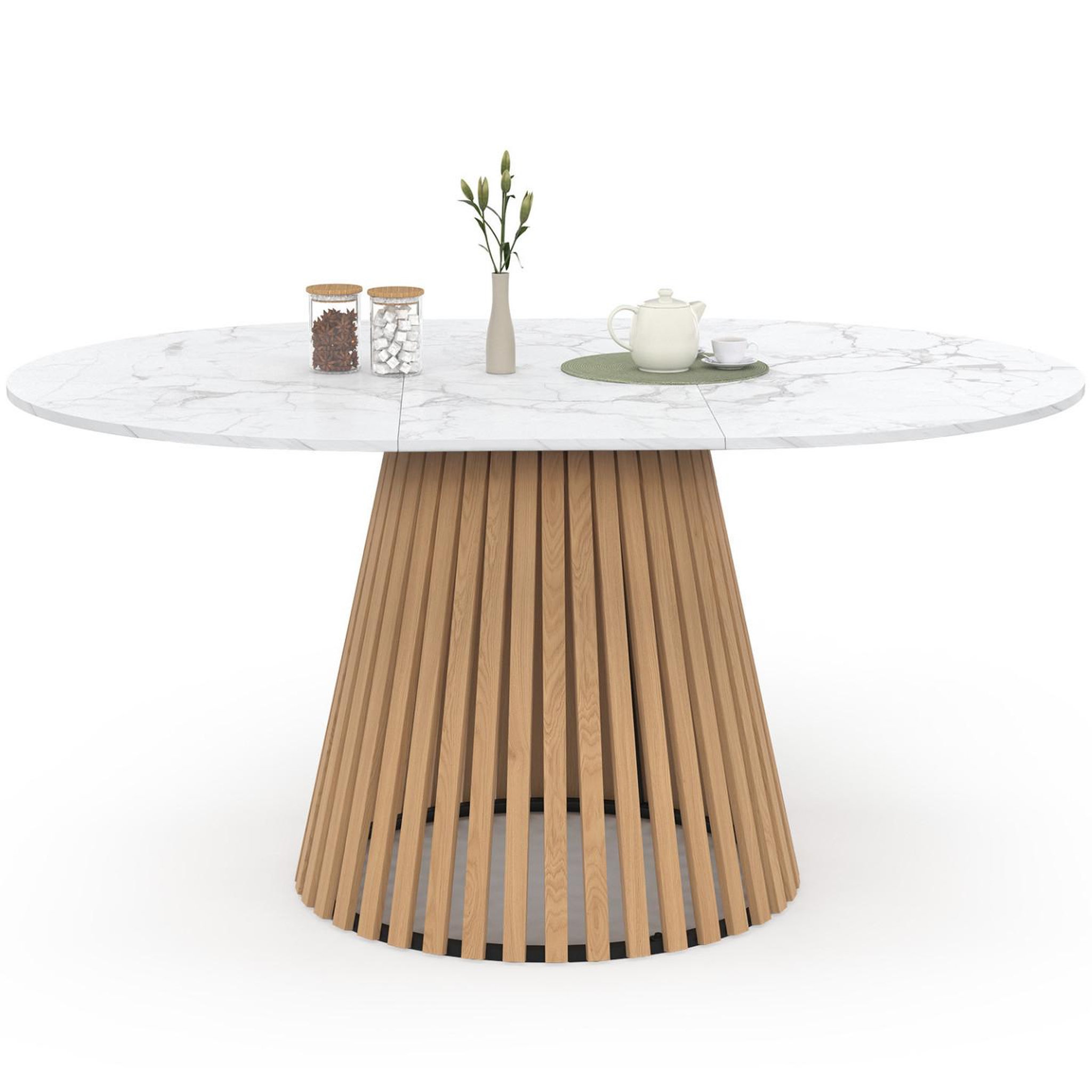 ID MARKET Table à manger extensible ronde carmen 4-8 personnes pied bois en lattes et plateau marbre blanc alaska 110 - 150 cm
