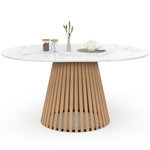 ID MARKET Table à manger extensible ronde CARMEN 4-8 personnes pied bois en lattes et plateau marbre blanc ALASKA 110 - 150 cm