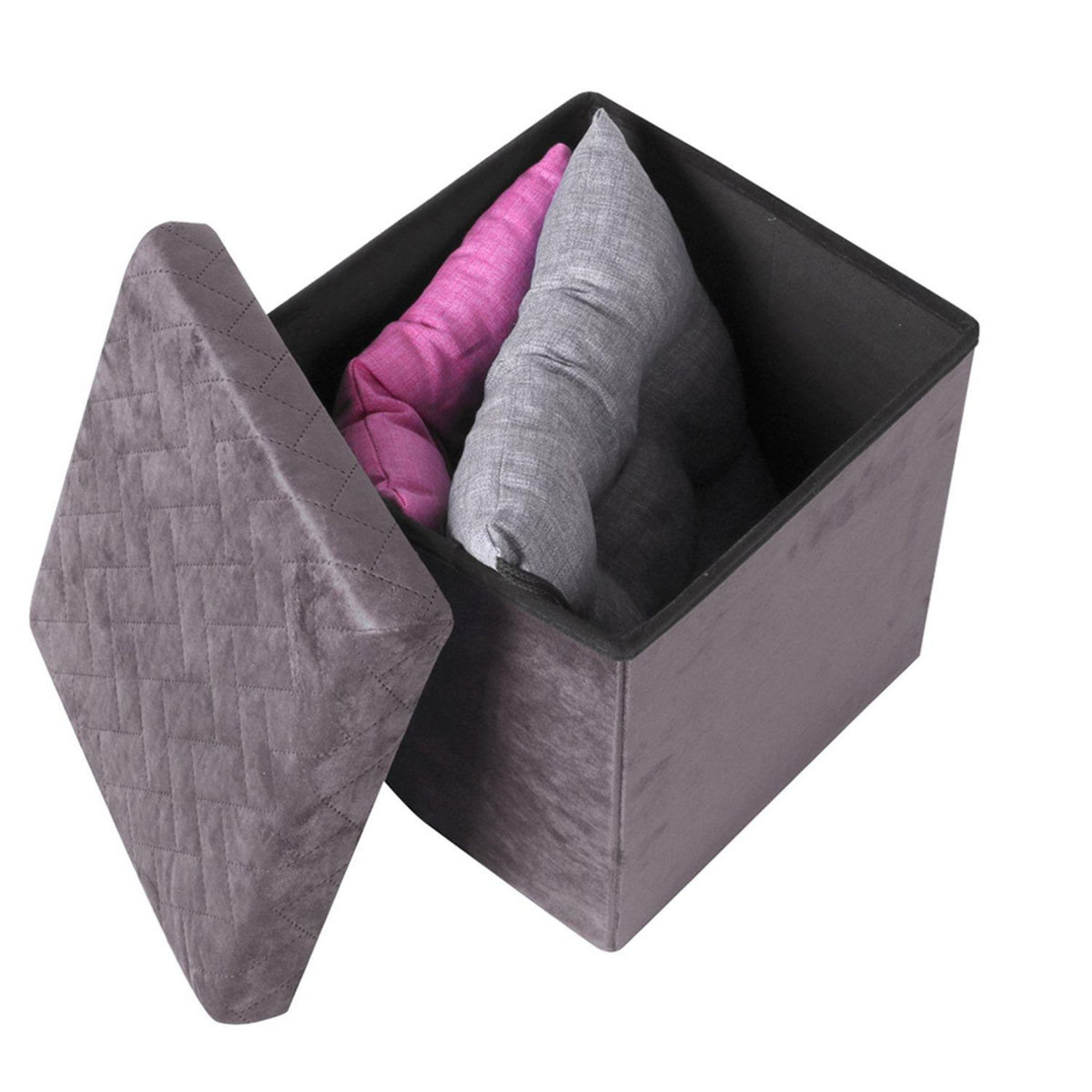 TOILINUX Pouf de rangement pliable Kube en velours - Marron anthracite