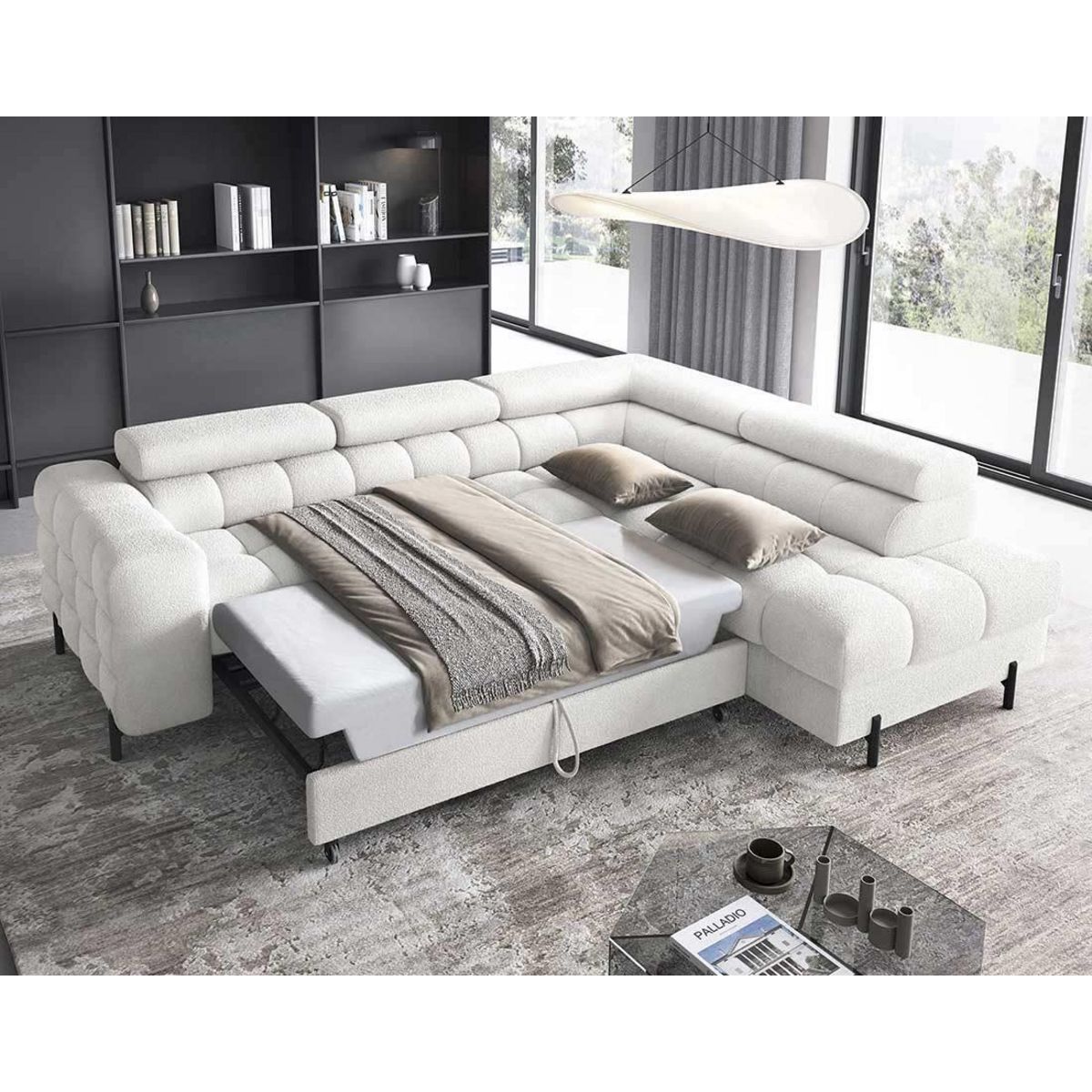 BEST MOBILIER Elisa - canapé d'angle droit 5 places convertible avec coffre et têtières réglables en tissu bouclette