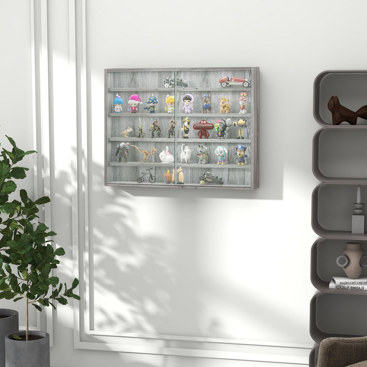 HOMCOM Vitrine murale étagère - 5 étagères réglables - 2 portes coulissantes verre - panneaux gris