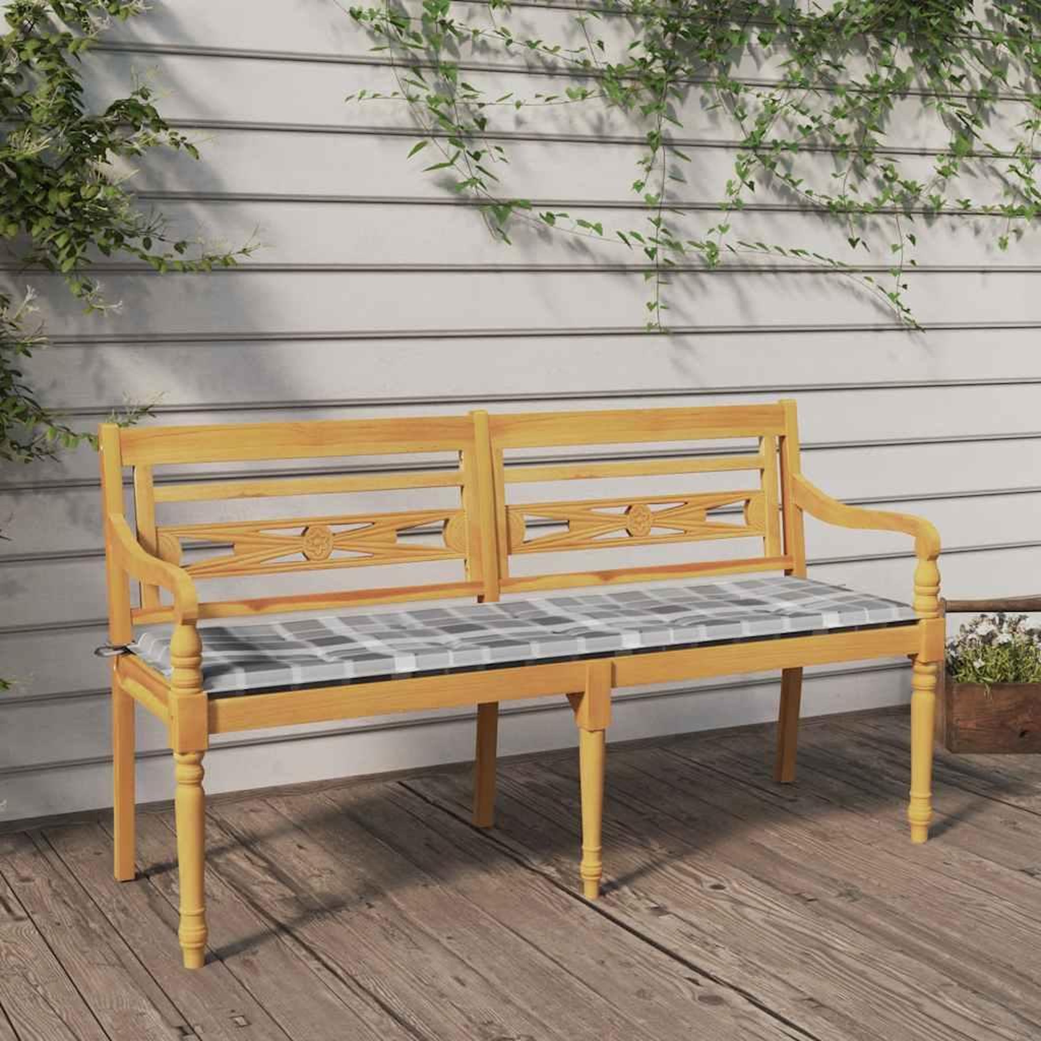 VIDAXL Banc Batavia coussin a motif de carreaux gris 150cm Bois teck