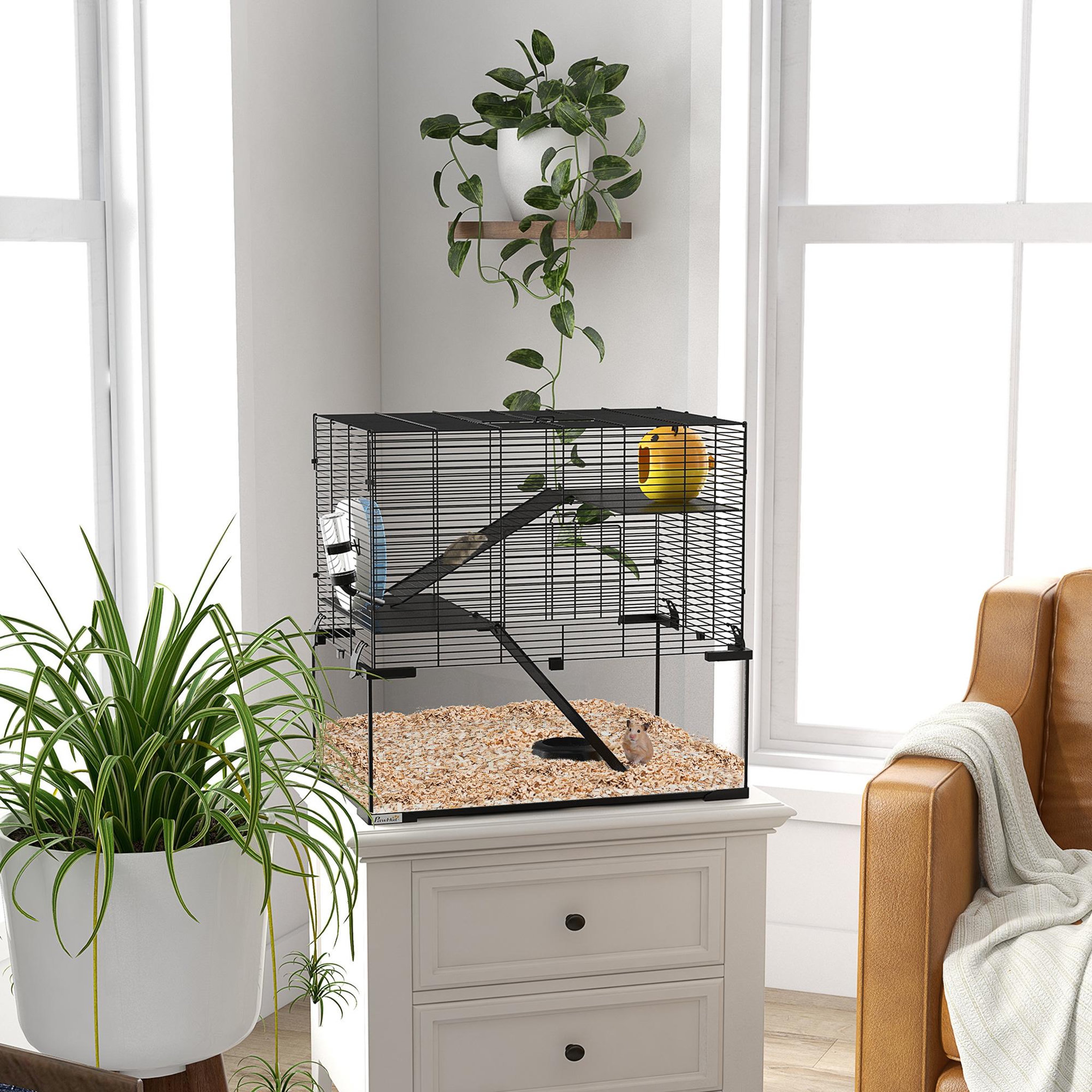 Voir la diapositive 2 : PAWHUT Cage rongeur hamster, 3 niveaux avec roue, rampes, maisonnette, abreuvoir, mangeoire, 60L x 40l x 57H cm, noir