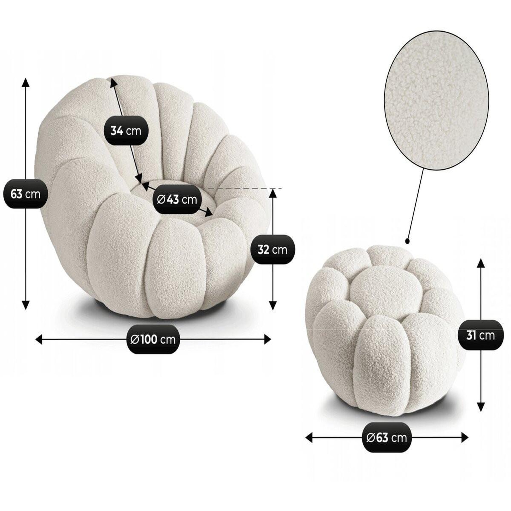 Voir la diapositive 3 : Habitat et Jardin Fauteuil avec pouf style bubble en tissu bouclette  élysée  - crème