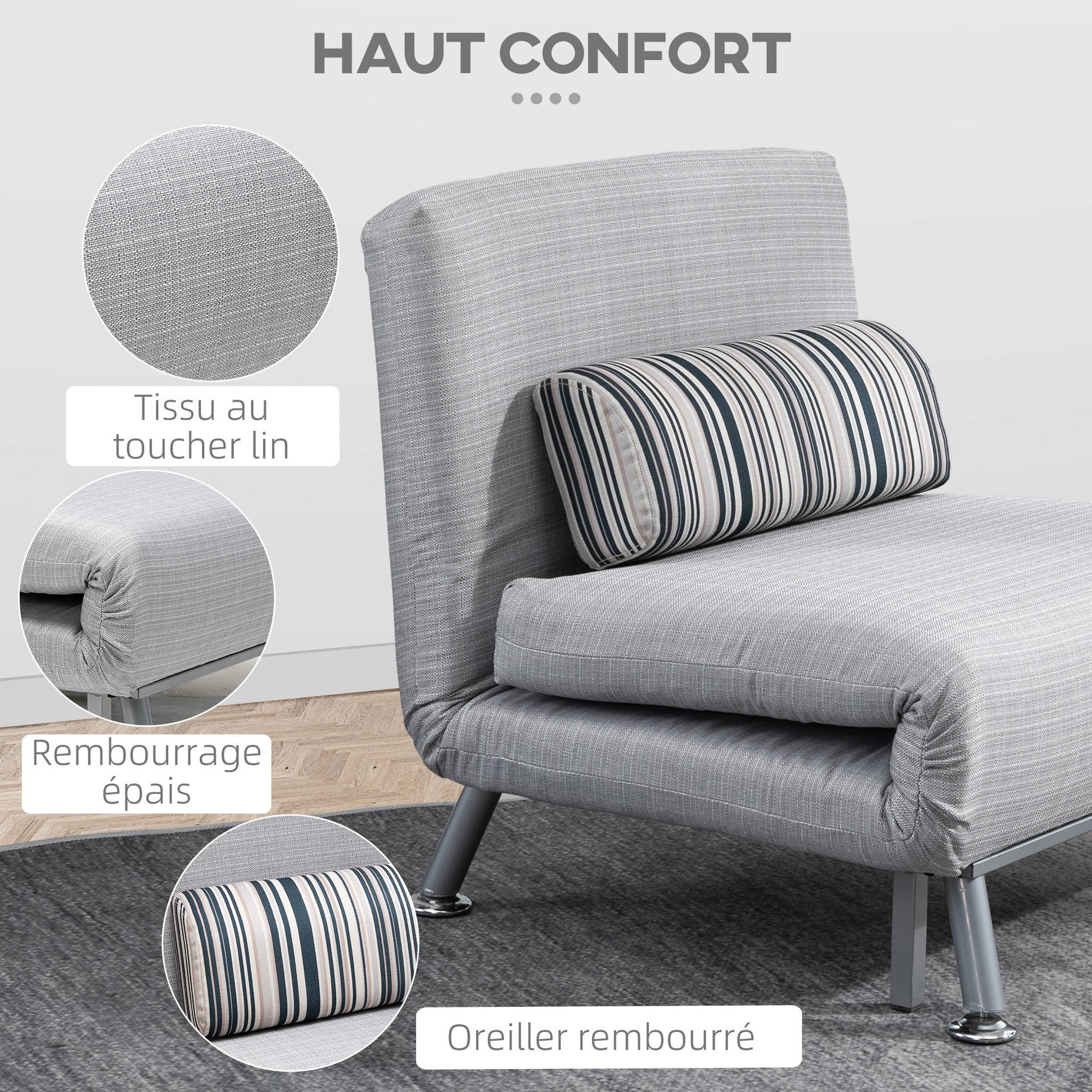 Voir la diapositive 5 : HOMCOM Fauteuil convertible 3 en 1 chauffeuse lit 1 place avec coussin gris