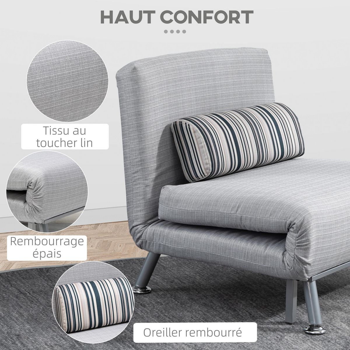 HOMCOM Fauteuil convertible 3 en 1 chauffeuse lit 1 place avec coussin gris