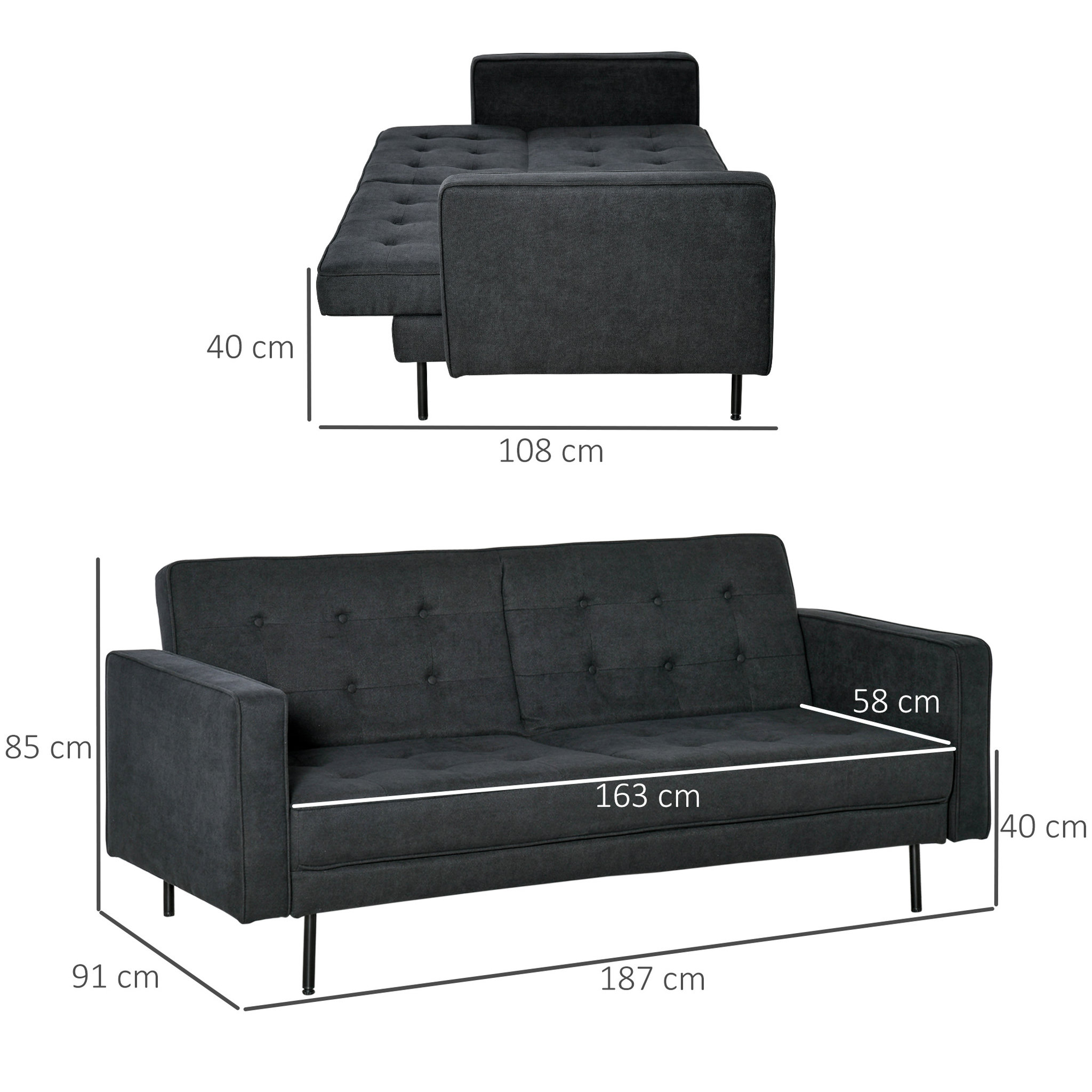 Voir la diapositive 3 : HOMCOM Canapé convertible 2 places style Chesterfield capitonné dossier inclinable 3 positions tissu gris foncé