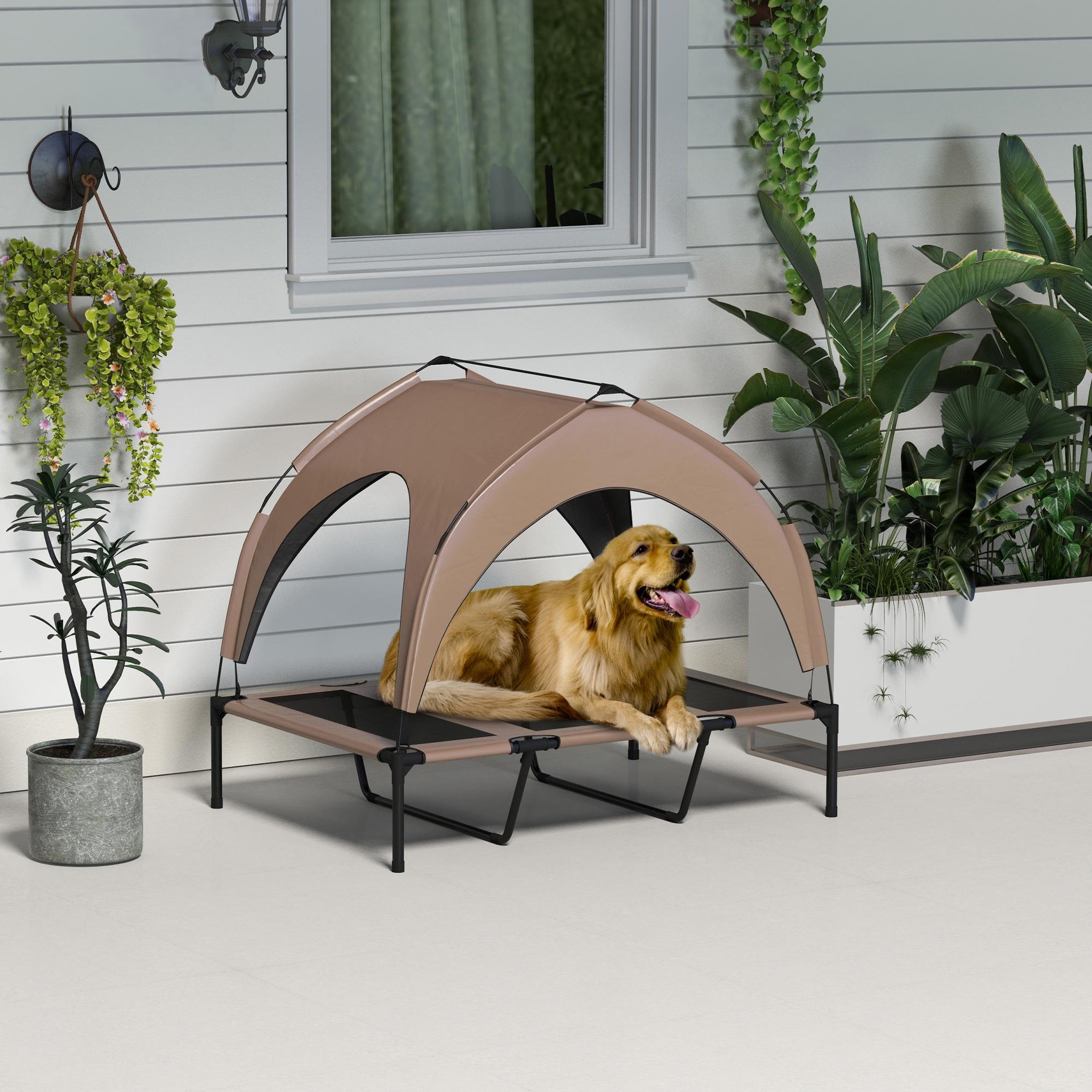Voir la diapositive 4 : PAWHUT Lit chien sur pied avec voile ombrage - 106 x 76 x 94 cm - sac de transport - marron