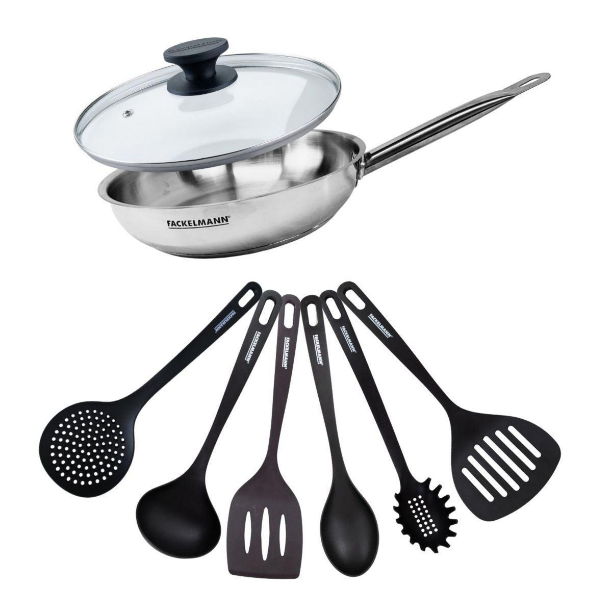 Fackelmann Set de 1 poêle de 28 cm en inox 1 couvercle en verre et 6 ustensiles Fackelmann Eterna
