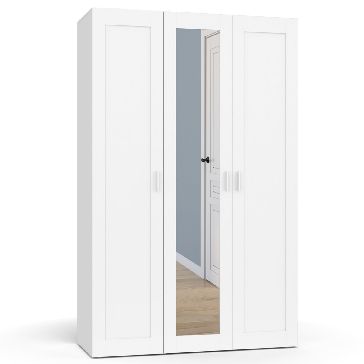 ID MARKET Armoire 3 portes VITO blanc penderie 120 cm avec miroir et étagères