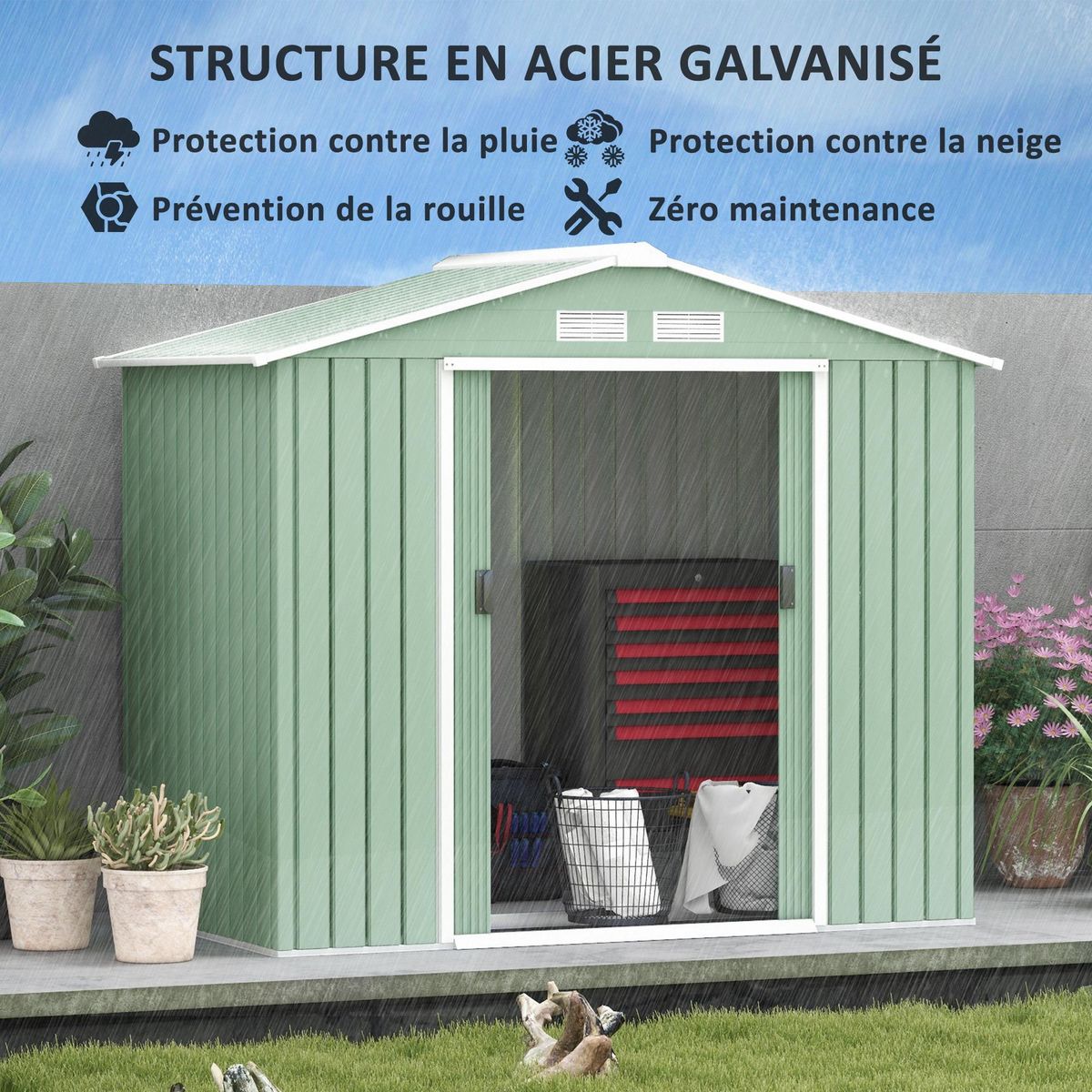 OUTSUNNY Abri de jardin - remise pour outils - cabanon porte verrouillable - dim. 213L x 130l x 185H cm - tôle d'acier vert pastel