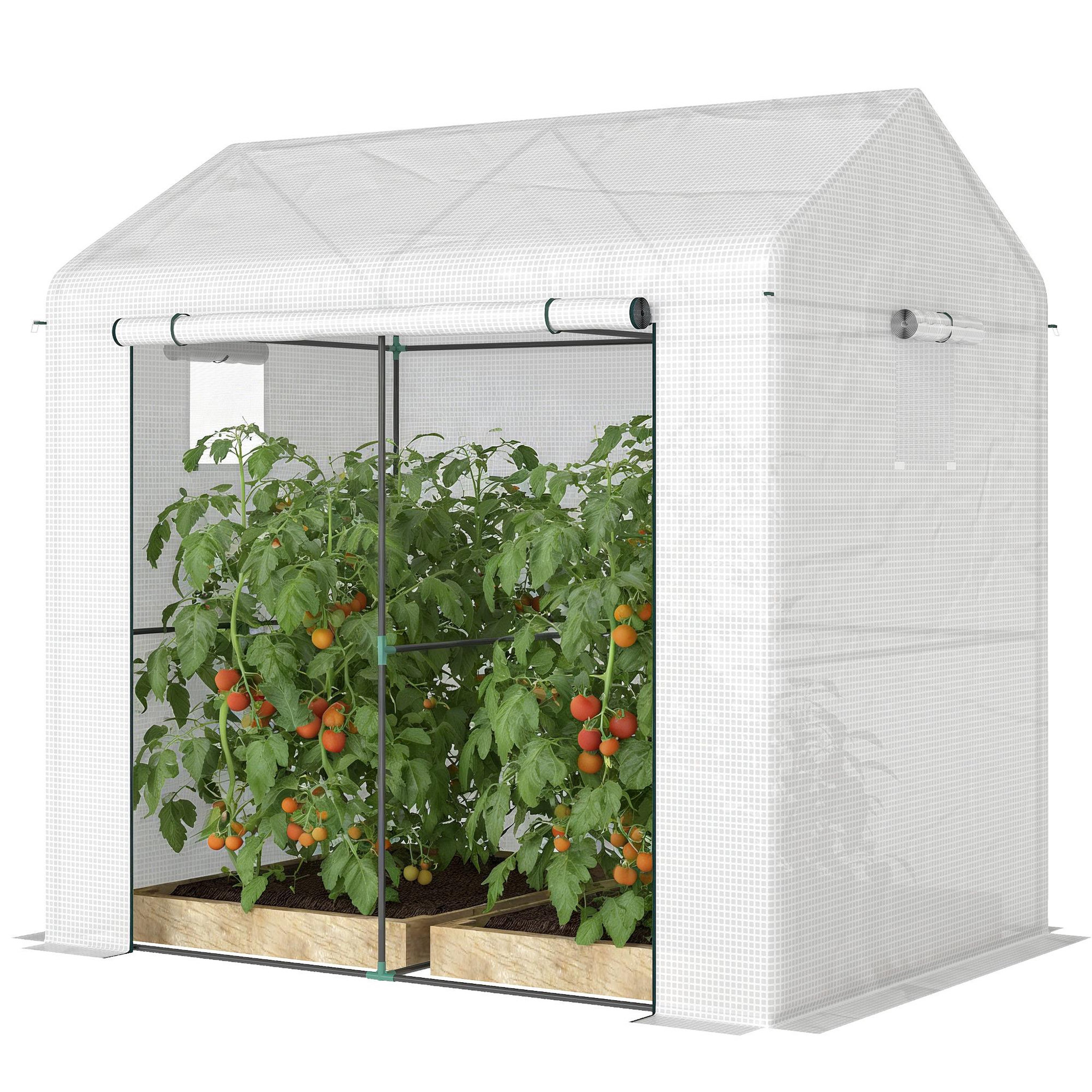 Voir la diapositive 5 : OUTSUNNY Serre de jardin 2,8 m² porte zippée 2 fenêtres acier pe blanc