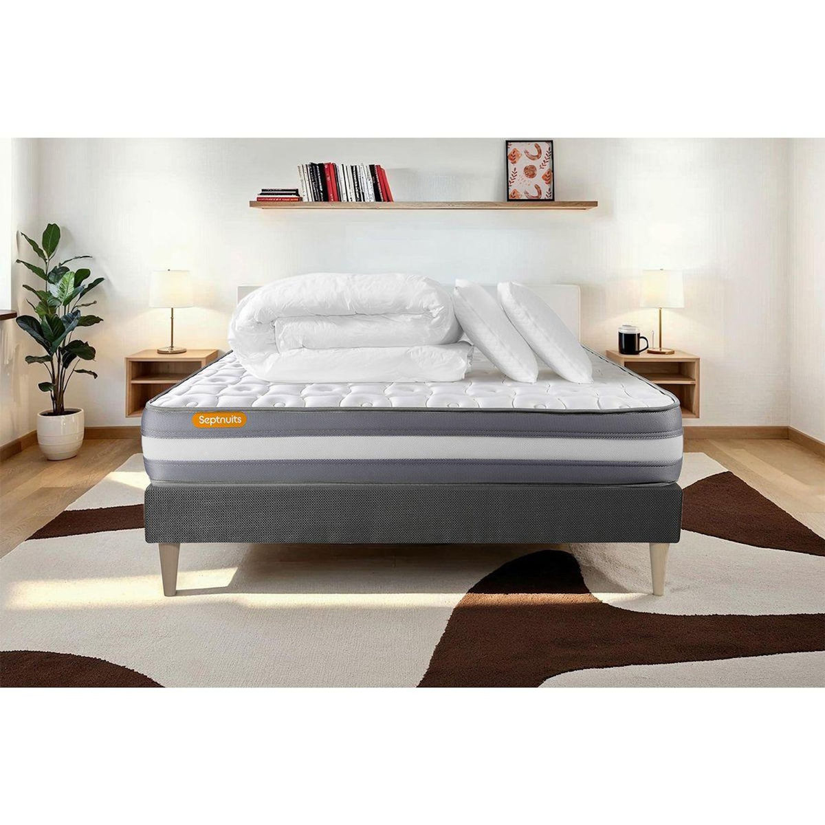 SEPTNUITS PACK matelas + sommier gris Memo Plus Mémoire de forme 3 zones + 2 oreillers + couette