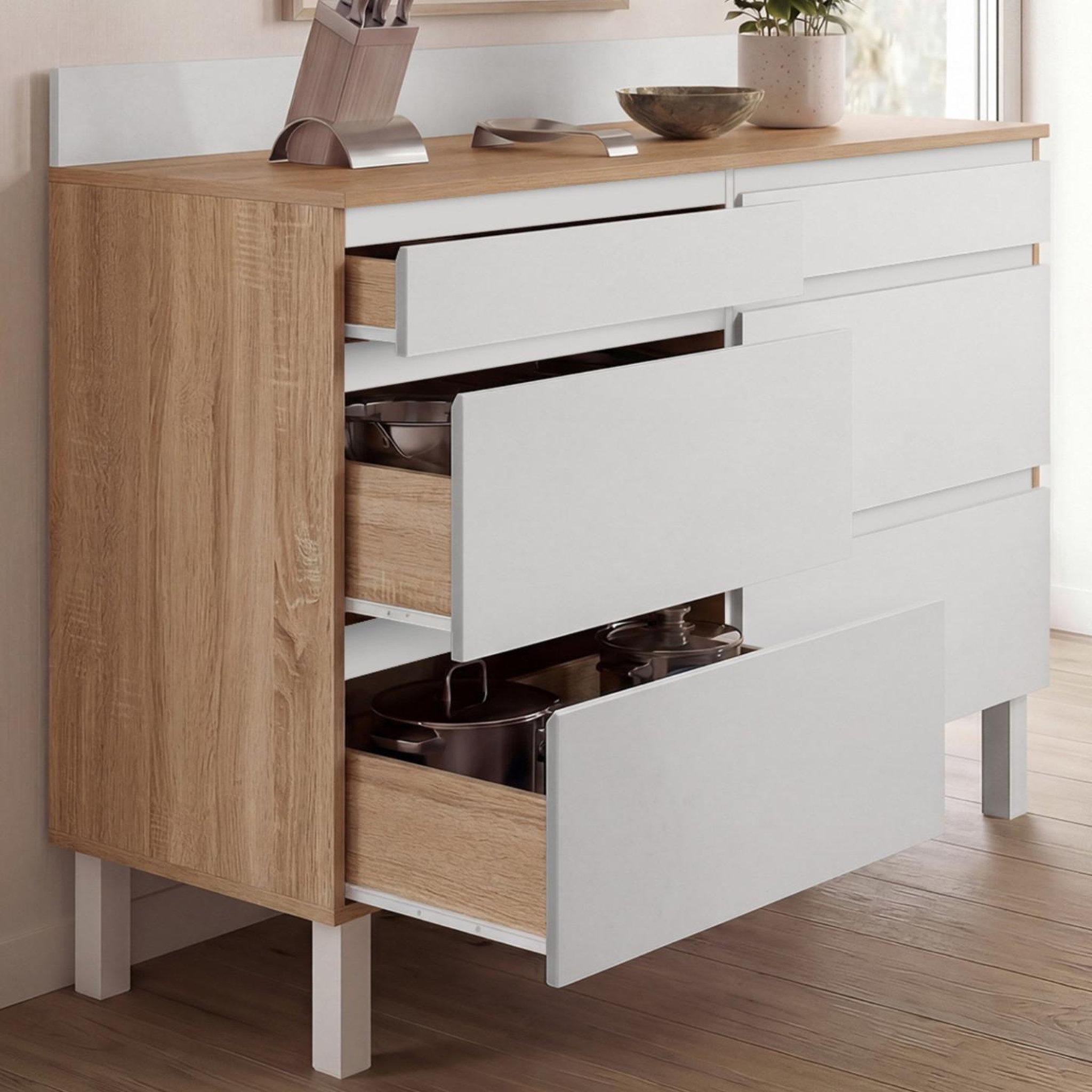 Voir la diapositive 2 : ID MARKET Buffet bas double casserolier de cuisine 120 cm claude plan de travail h. 83 cm 6 tiroirs bois et blanc