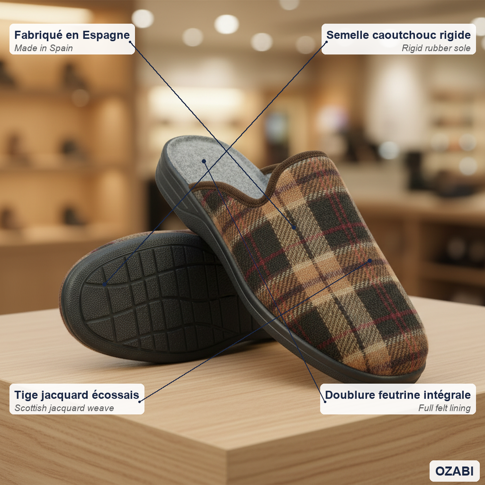 Voir la diapositive 4 : OZABI Ozabi pantoufles mules homme fabriquées en espagne, tige jacquard écossais