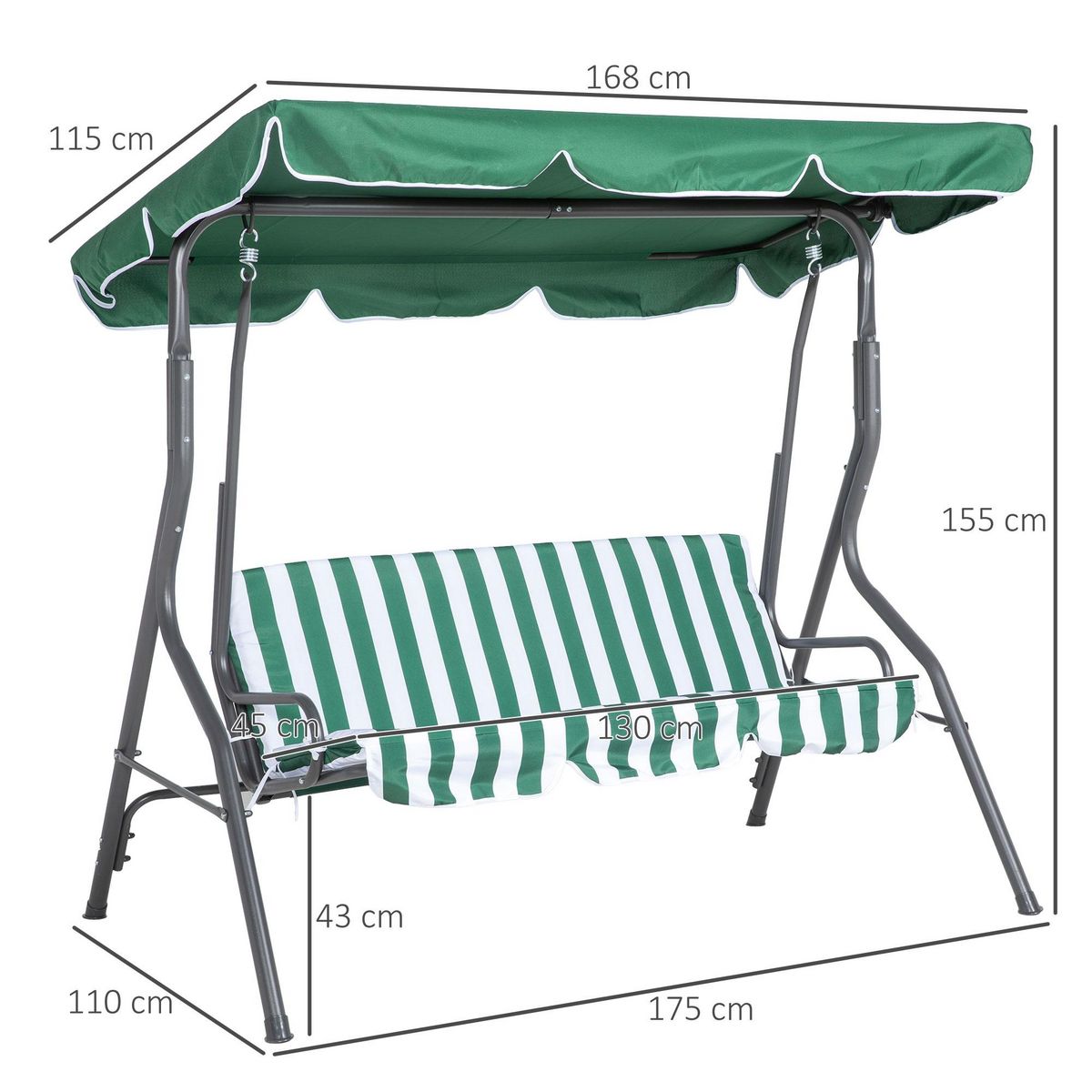 OUTSUNNY Balancelle de jardin 3 places - toit inclinaison réglable - coussins assise et dossier - gris blanc vert