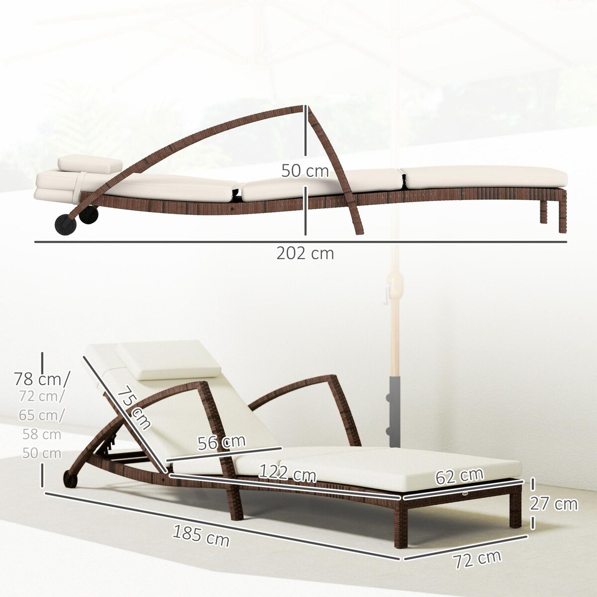 OUTSUNNY Bain de soleil transat style colonial résine tressée - inclinable, 2 roulettes, accoudoirs - matelas tétière beige