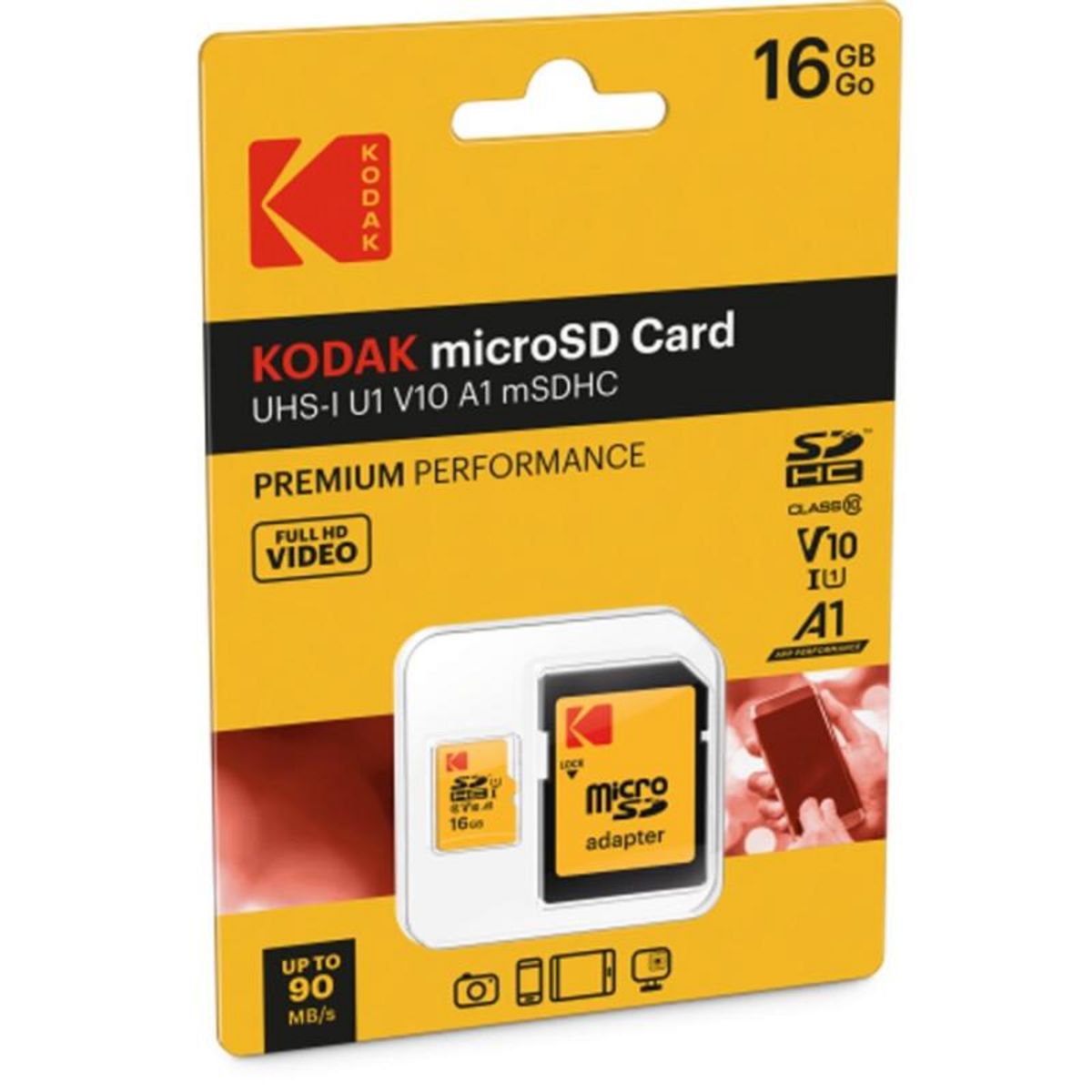Kodak Carte mémoire micro SD Kodak carte microSD avec adaptateur 16Gb. class 10 UHS1 Video class 10 (V10). Up to 25MB s write speed