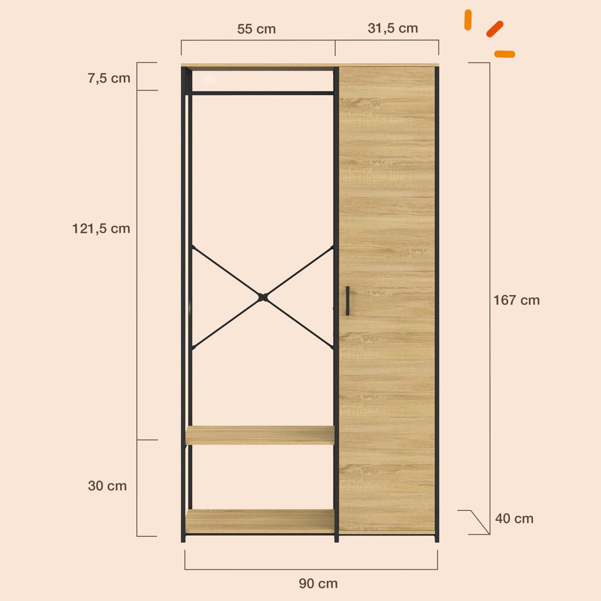 Voir la diapositive 3 : ID MARKET Dressing penderie étagères avec porte l. 90 cm detroit design industriel